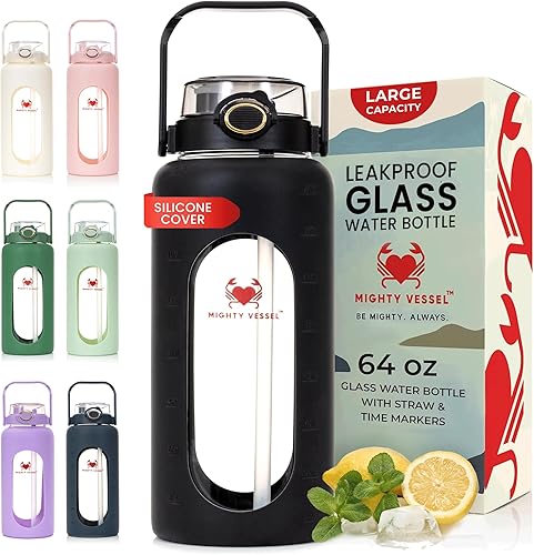 Botellas de agua de vidrio a prueba de fugas de 64 oz - Botella de agua de vidrio grande de borosilicato con popote y marcadores de tiempo - Botella