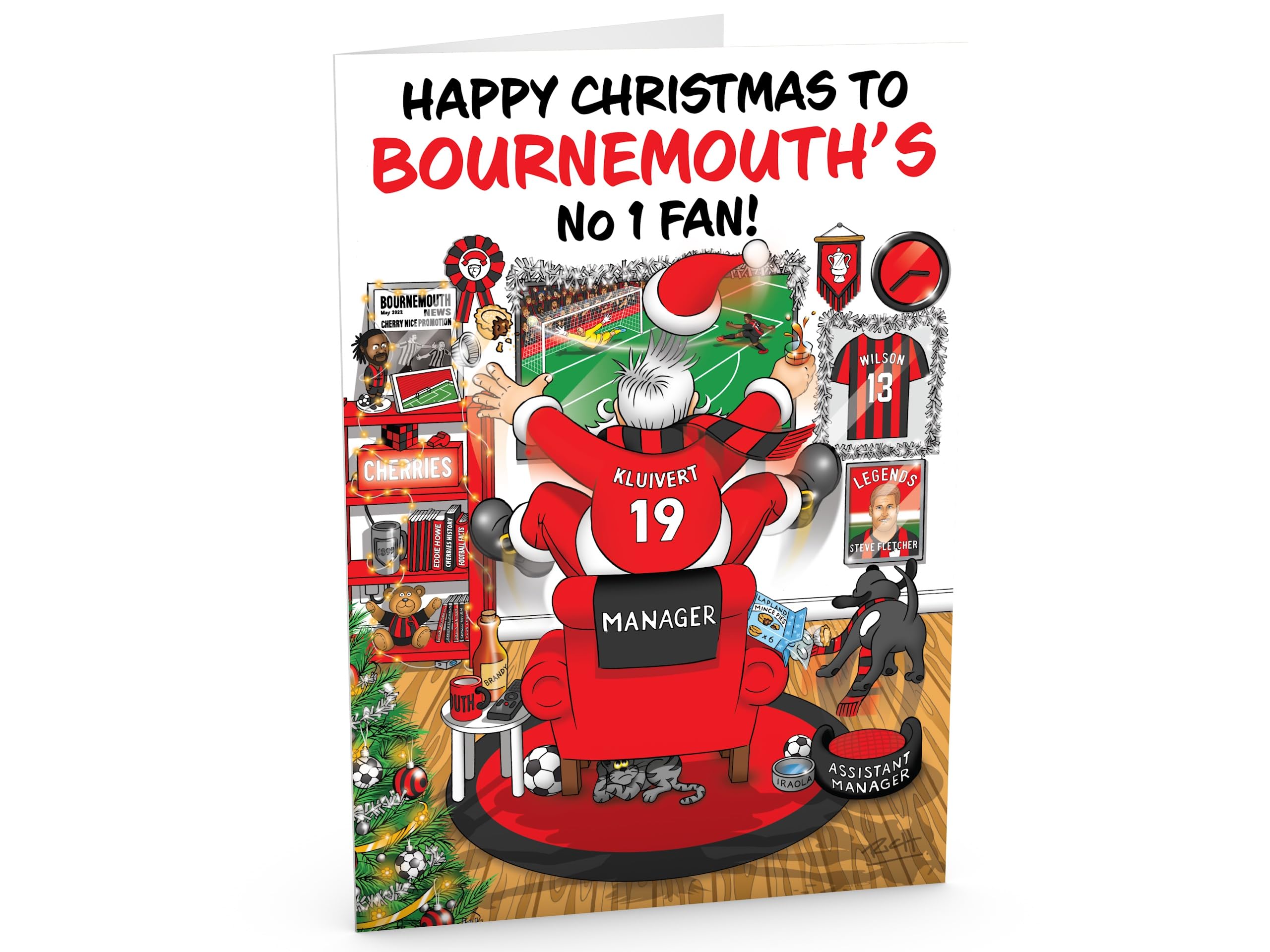 Football Christmas Card for Bournemouth Fans Pack of 6 Cards Santa Jumping Out of Chair to Support Team Funny Rear of Card Showing Rudolph Supporting Rival Club Large A5 Made in UK - Image 2