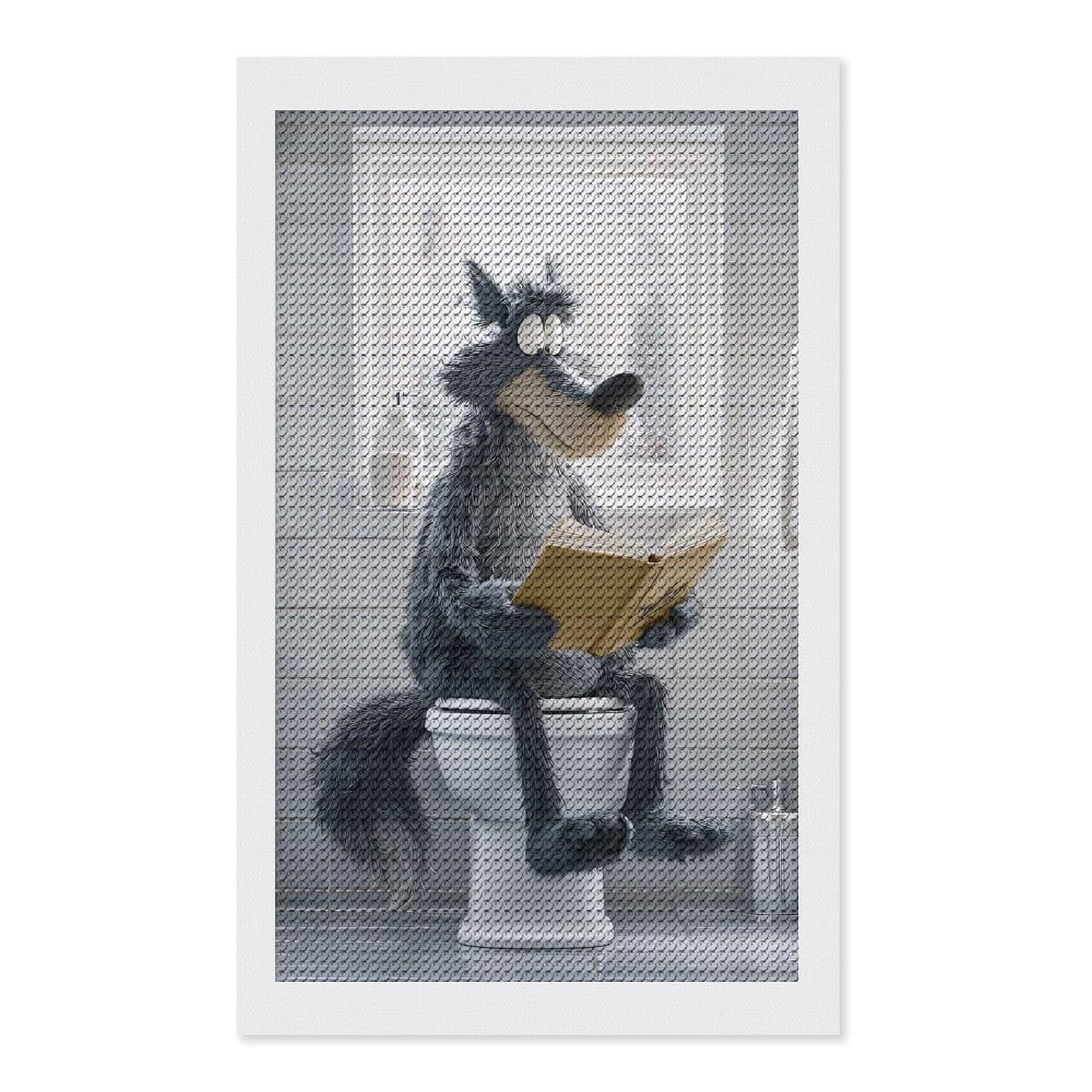 Junmoney Wolf Reading on Toilet Diamond Painting Set 12"x20", Full Kit Included, Sparkling Round Gems, Farmhouse Decor, Festive Craft Gift