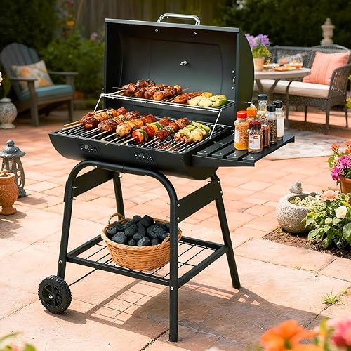 Miniatura 8 de Outvita Parrilla de carbón de barril con estante de calentamiento, parrilla de barbacoa al aire libre con mesa frontal lateral con amplia área de