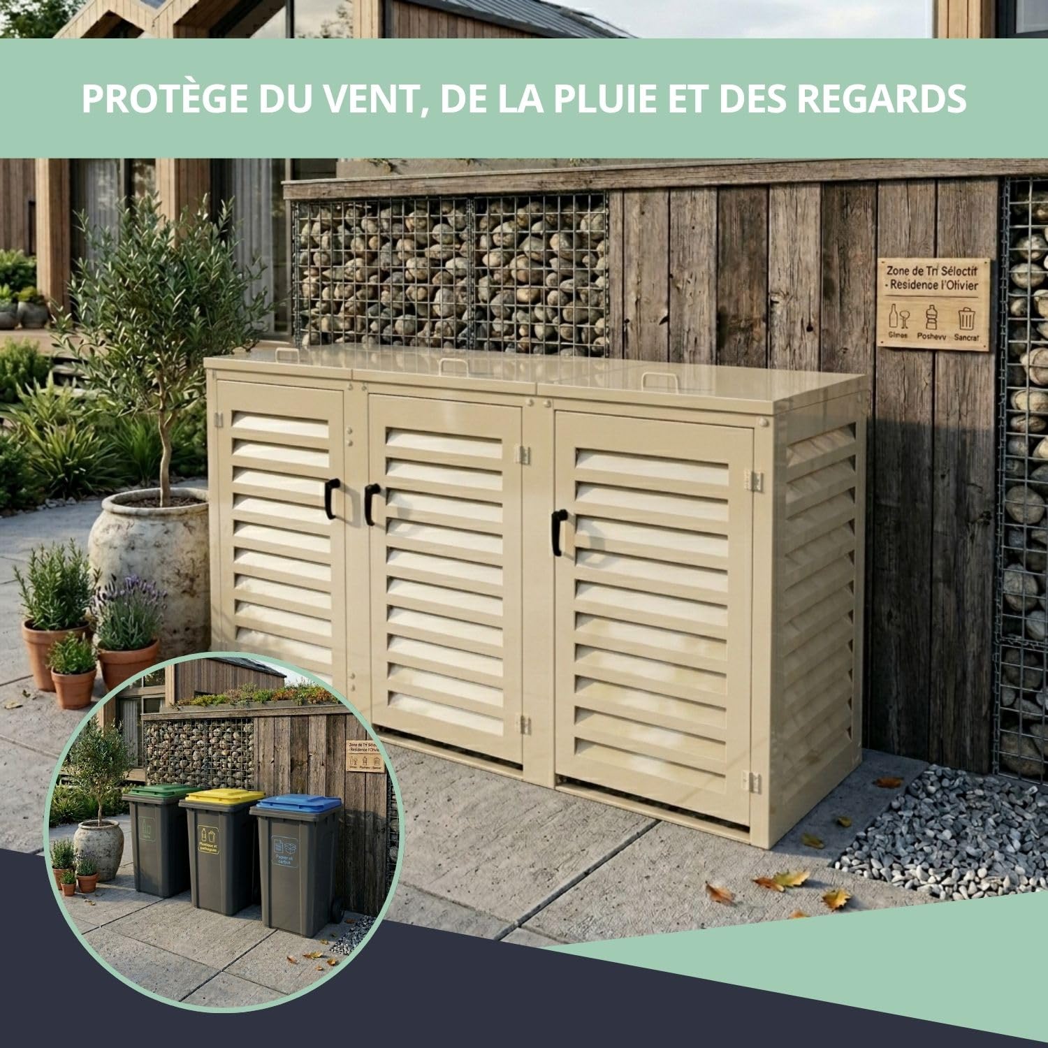 Refugio de basura exterior triple de aluminio termolacado para 3 cubos de basura de dimensiones H. 96 x L 49 x 55 cm (3 x 120 litros) | Crema RAL1015 | Calidad anticorrosión | Fabricación francesa