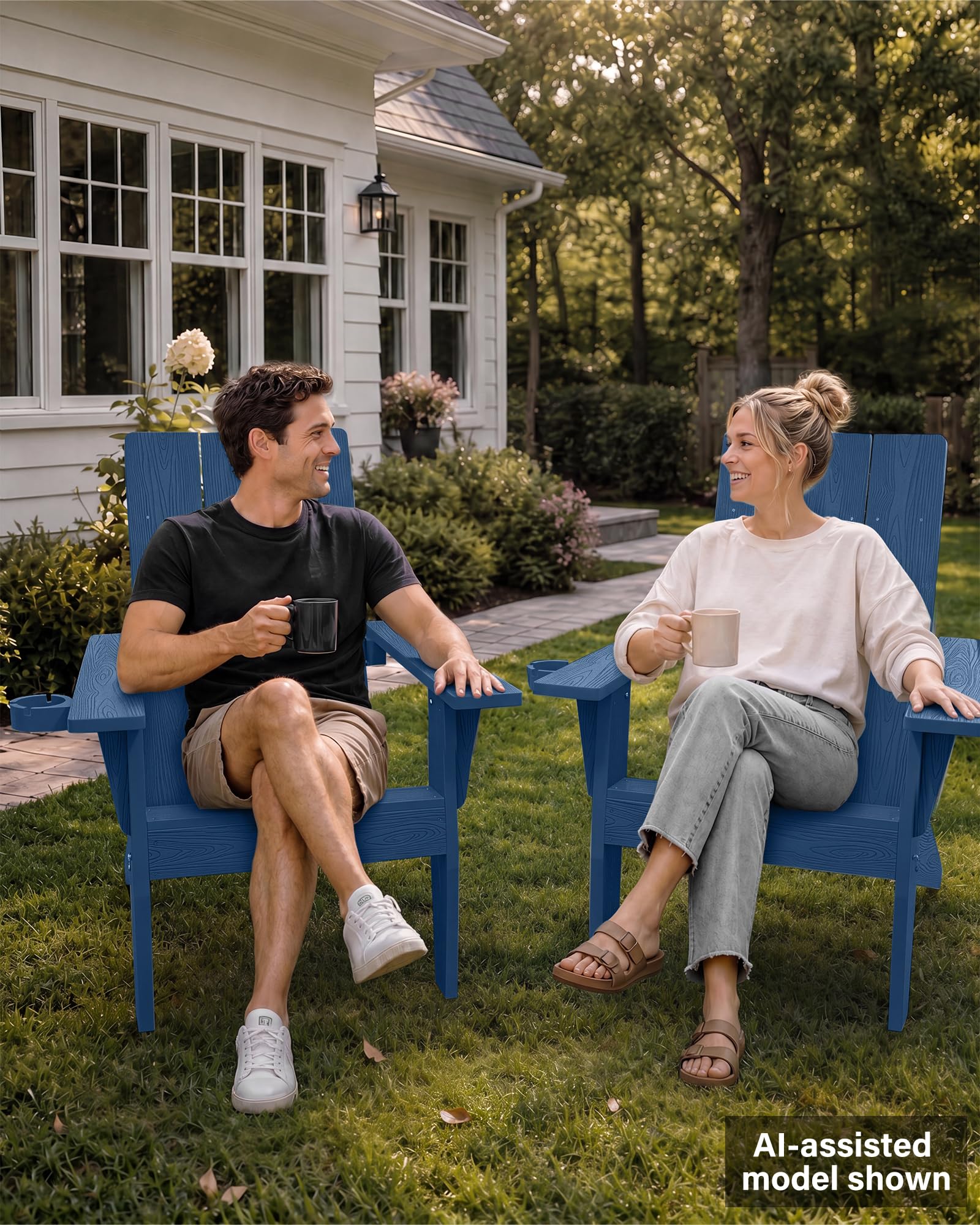 Adirondack Stuhl mit Getränkehalter für Outdoor Garten: Übergröße Adirondack Chair Kunststoff HIPS mit Getränkehalter - Adirondack Gartensessel Wetterfest für Balkon/Terrasse/Feuerstelle/Beach(Navy)