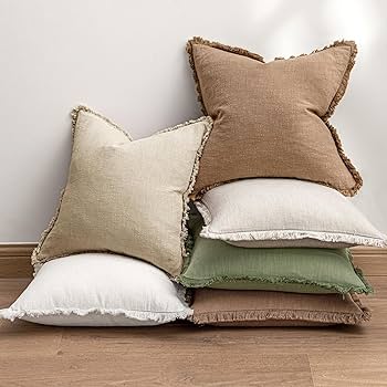 DecorUhome Set Of 2 Linen Cushion Covers 40X40cm,Decorative Outdoor Plain Vintage Cushion Covers With Stitched Edges, Square Farmhouse Neutral Pillow