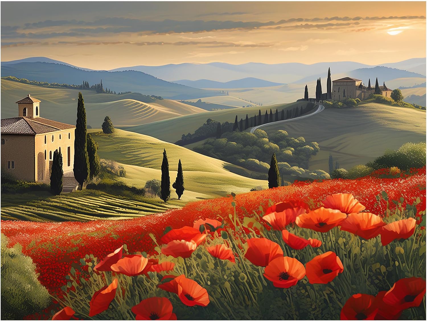 Poppy Field Tuscan Landscape Flowers Tile Mural Kitchen Bathroom Wall Backsplash - Picture 2 of 16