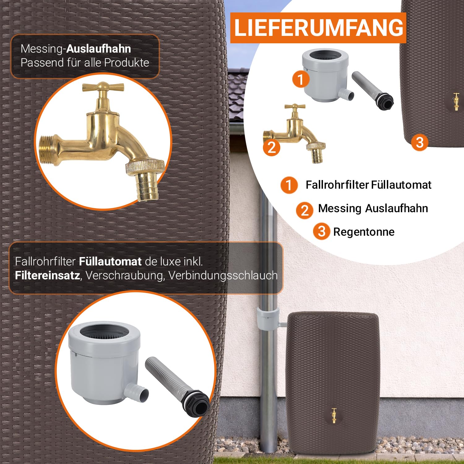 GARANTIA SUNDA Regentonne Komplett-Set 300 Liter Mocca | inkl. Messing-Auslaufhahn und Fallrohranschluss Wandtank, Wassertank, Regenwassertonne, Regenwassertank, Wasserbehälter