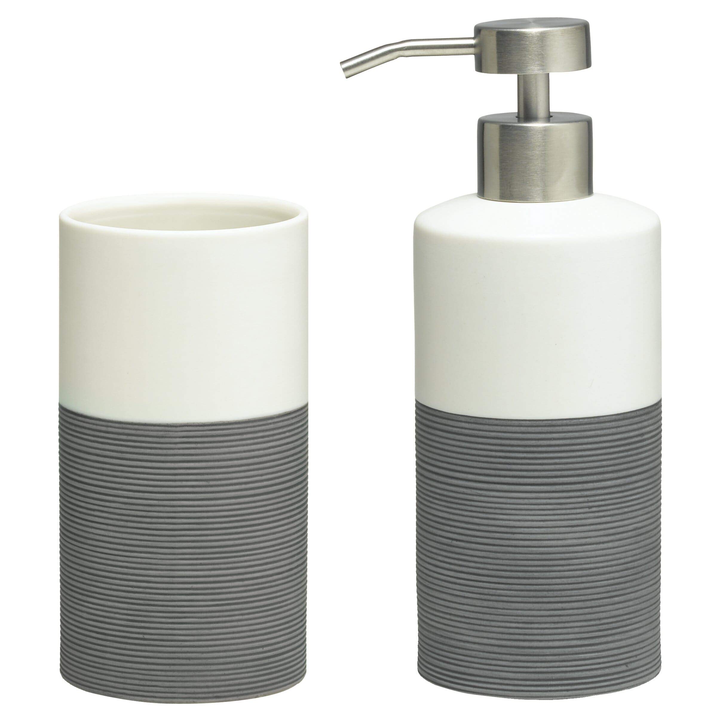 Sealskin Becher Doppio, Zahnputzbecher aus natürlichem Porzellan, Farbe: Grau, handbemalt + Seifenspender Doppio, Porzellan, Farbe: Grau, handbemalt