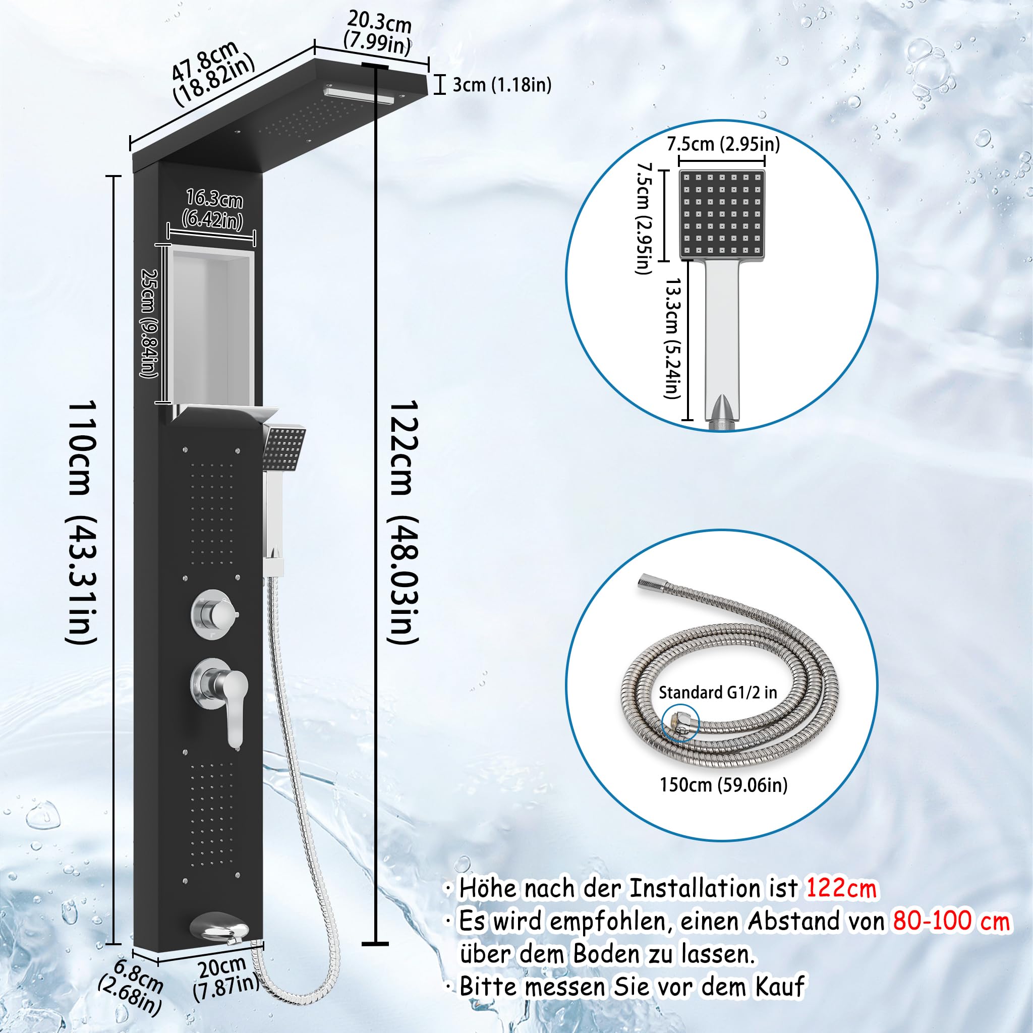 Duschpaneel LED Schwarz Edelstahl – 5 Duschfunktionen & Temperaturanzeige