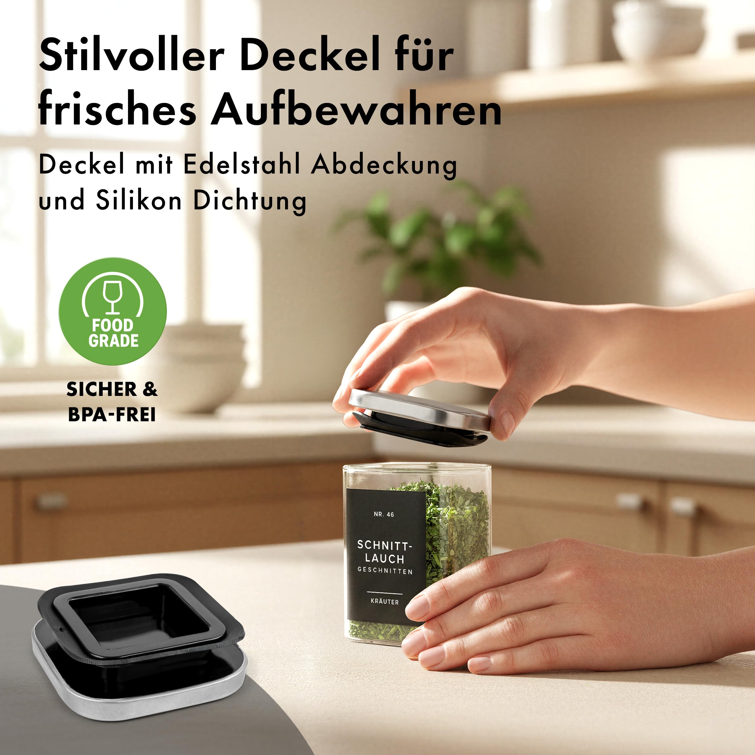 EDELHAUS Gewürzgläser Eckig mit Edelstahl Deckel 190ml (12 Stück) - Gewürzdosen Set mit 160 Gewürzetiketten/Luftdichte Vorratsdosen, Stapelbare Gewürz Organizer, Glasbehälter