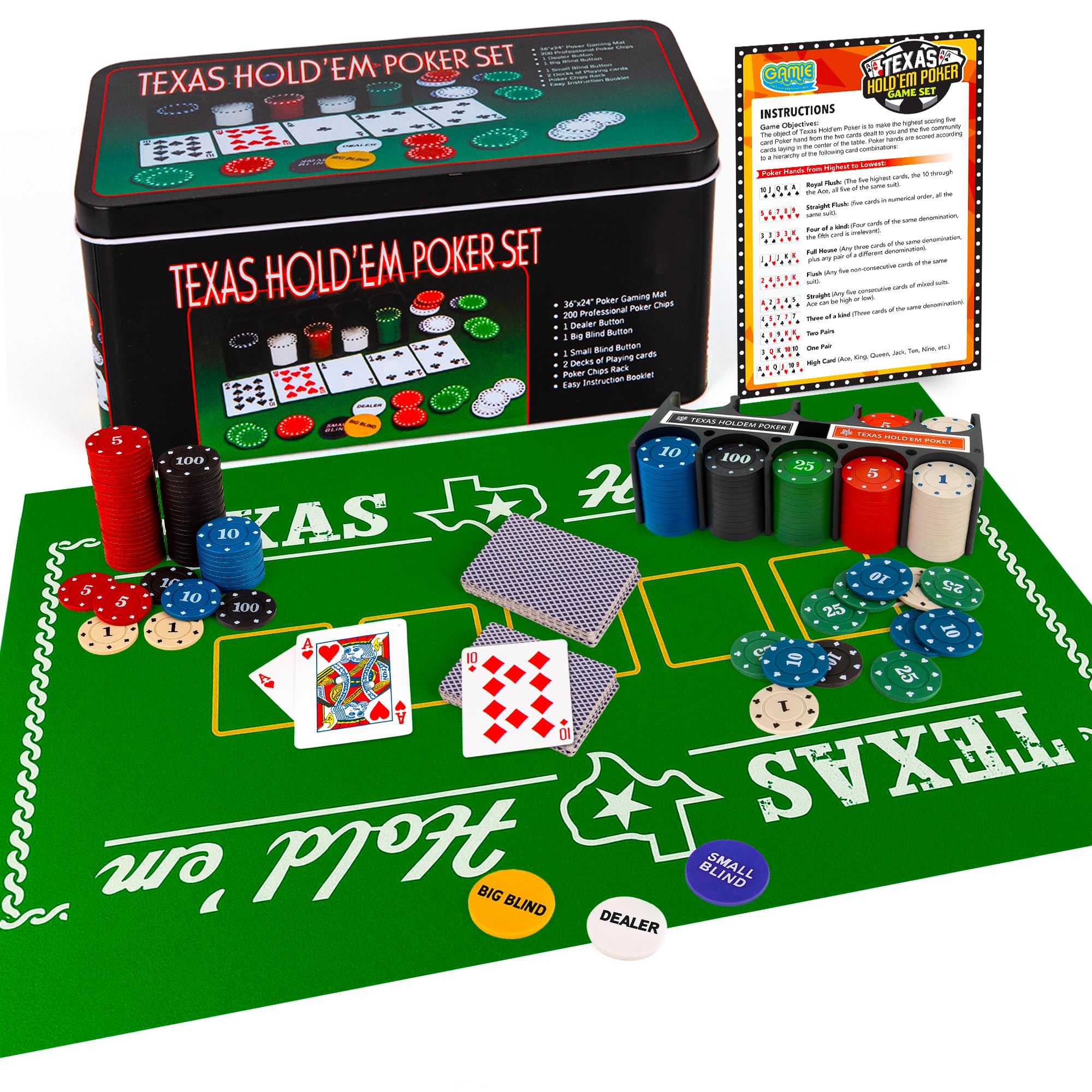 Gamie Texas Holdem Poker Game Set - Includes Hold’em Mat, 2 Card Decks, Chips, Chip Holder and Tin Storage Box - Fun Game Night Supplies - Cool Casino Gift for Kids & Adults