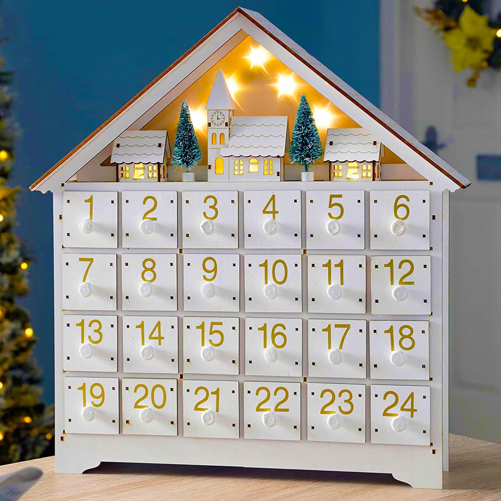 Calendario de Adviento de madera con 24 cajones y luces LED - Calendario de cuenta regresiva de Navidad vacío y reutilizable para llenar usted mismo (sin batería) - Adviento de bricolaje