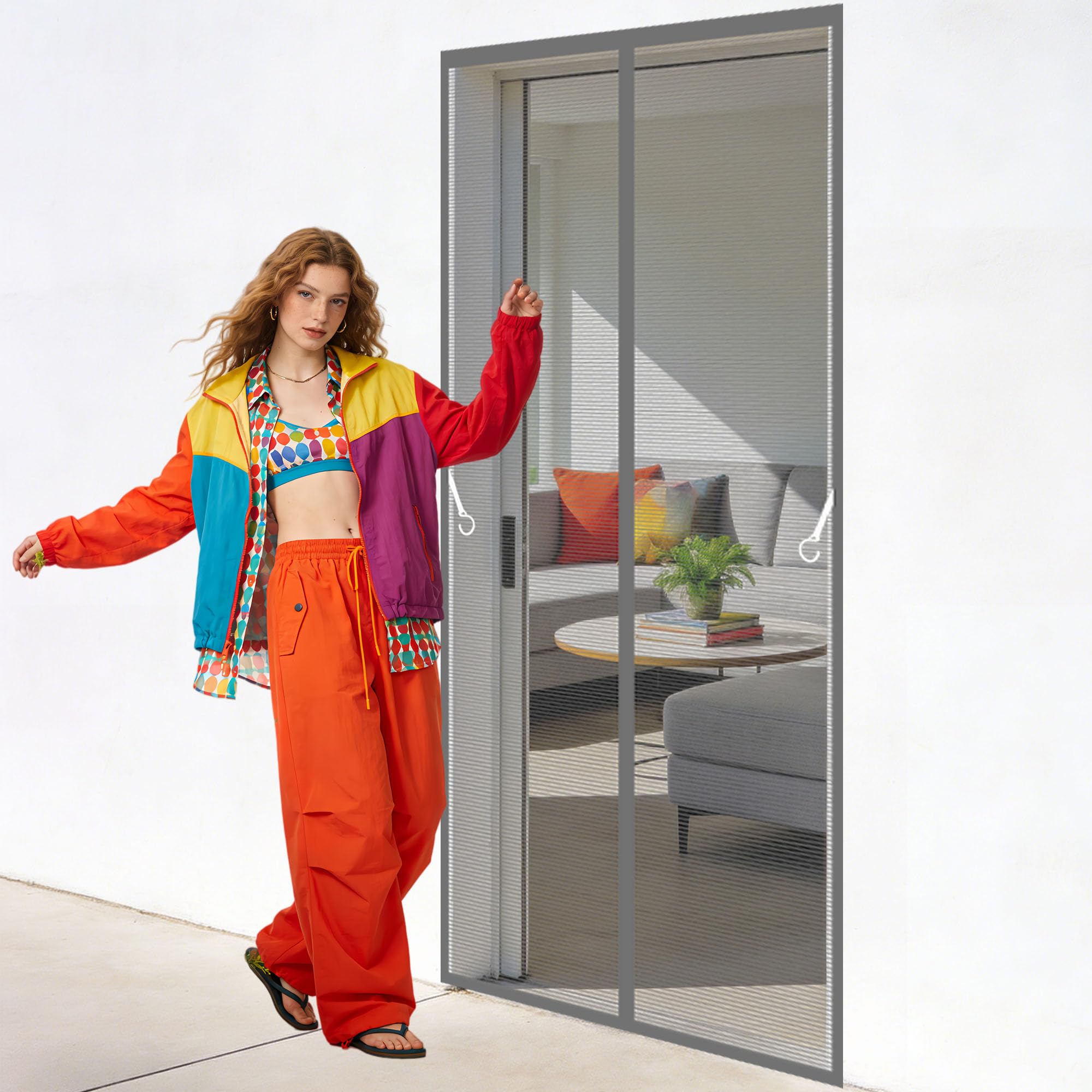 Polyester Magnetic Door 116 x 253 cm Automatically Closes Bug Mosquito Insects Screen Keeps Bugs Out for Living Room, Bedroom, Patio, Grey