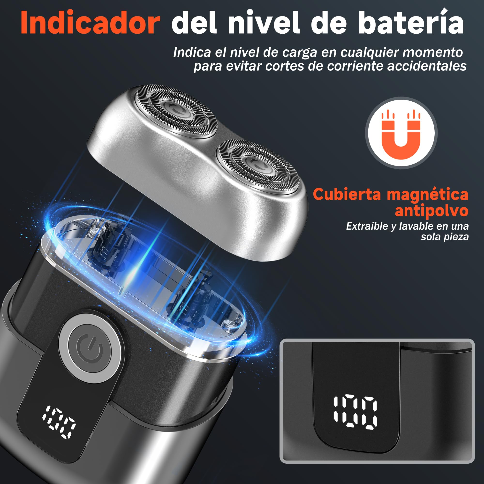 Mini Afeitadora Electrica para Hombres con Pantalla LED, Impermeable IPX6, Portátil Silenciosa y Lavable, Gris
