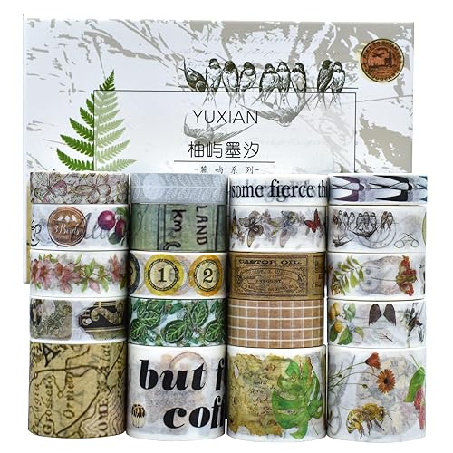 ZDOLAKIDS Juego de 20 rollos de cinta adhesiva washi, matasellos vintage, mapa, letra, pájaro, mariposa, lindo animal, floral, plantas, calcomanías