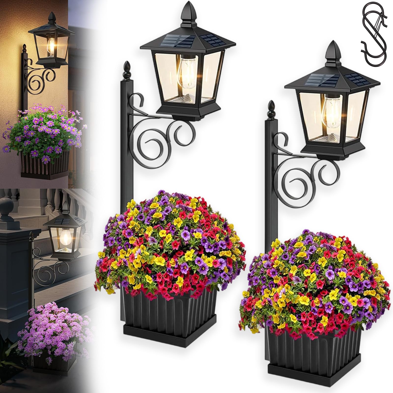 Pnedeodm 2-in-1 Outdoor Solar Lamp Post Light with Planter, Dusk to Dawn Garden Lamp Post for Yard Lighting, Waterproof Post Lights Solar Powered for Patio, Pathway, Porch,Front Door (2Pcs)