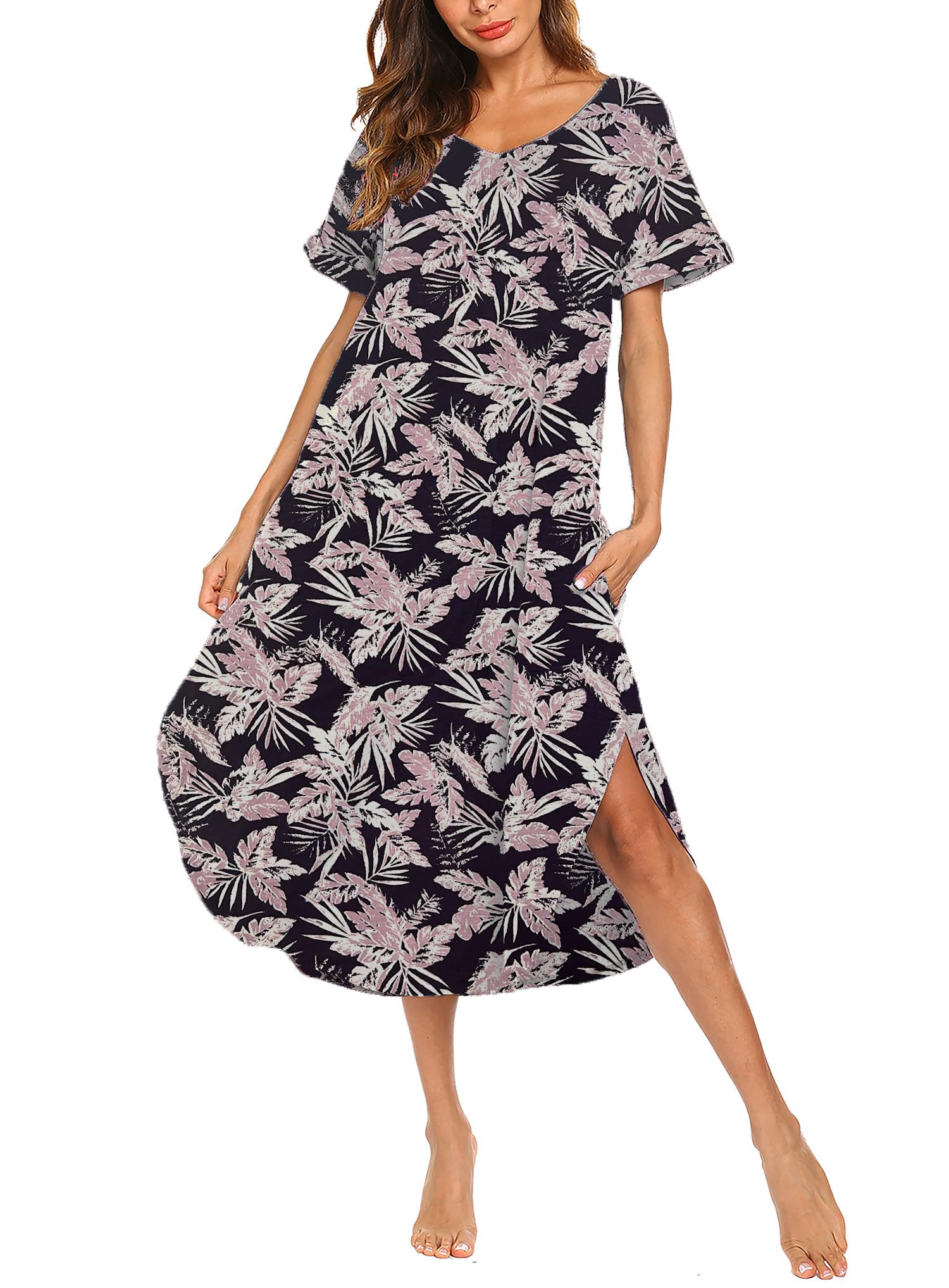 AVIIER Cotton Nightgowns for Women Short Sleeve House Dress Long Night Gown with Pockets S-XXL
