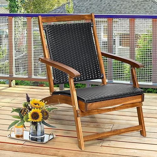 Miniatura 7 de RELAX4LIFE Tumbona para patio, silla plegable de mimbre de ratán de madera de acacia con reposapiés retráctil, silla ergonómica que ahorra espacio