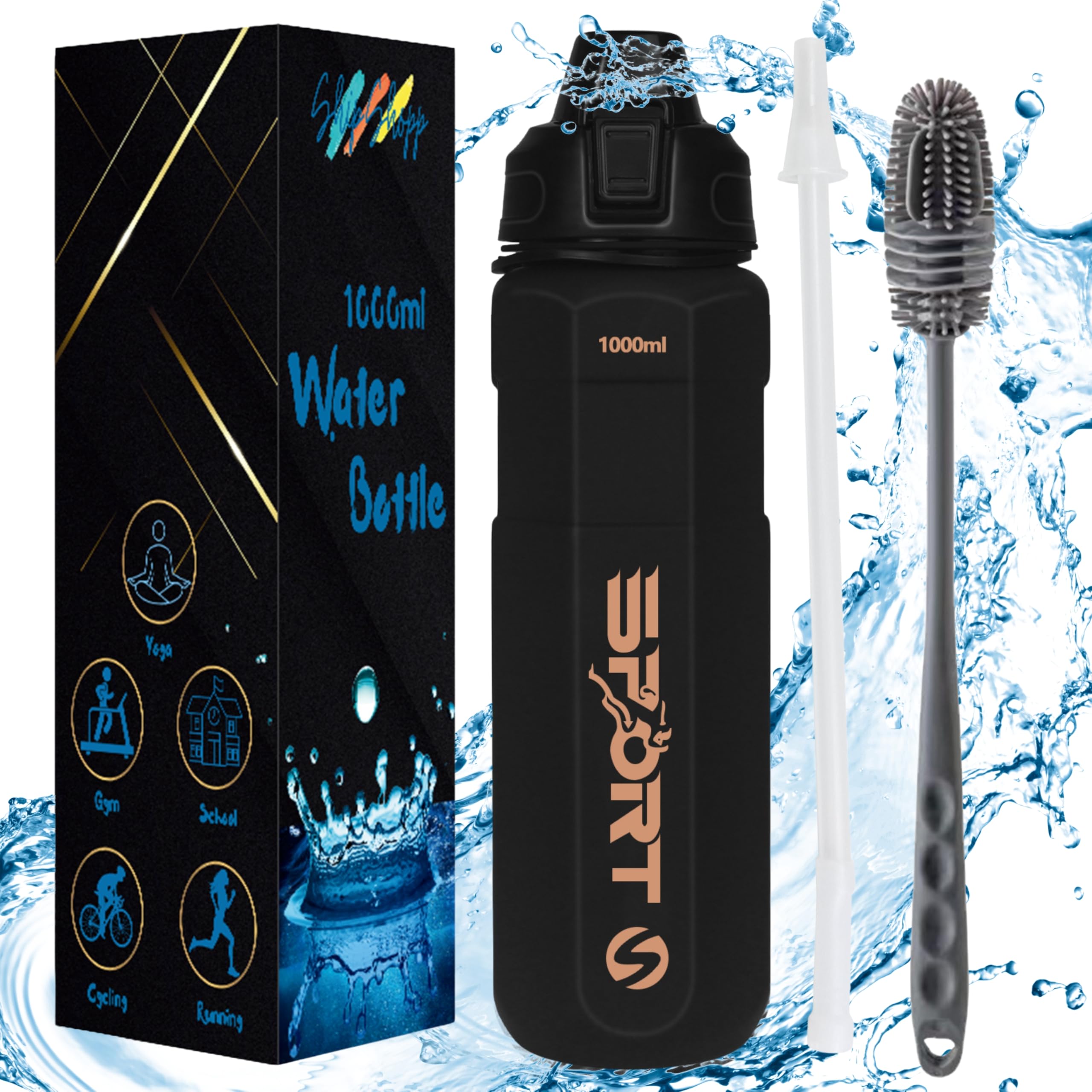 Water Bottle 1l Leakproof Sports Water Bottle with Straw and Cleaning Brush - BPA Free Smell Proof Drinks Bottle for Running, Gym, Camping, Hiking, School, Cycling, Office, Outdoor - Black