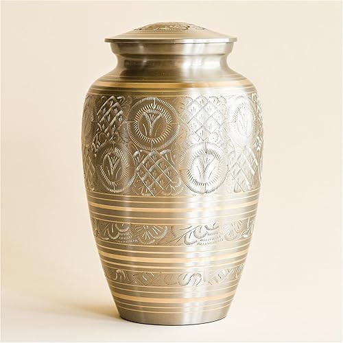 AspenStudio Platinum Brass Cremation Urn for Adult Human Ashes - Large Handcrafted Funeral Memorial Urns Brass Urn