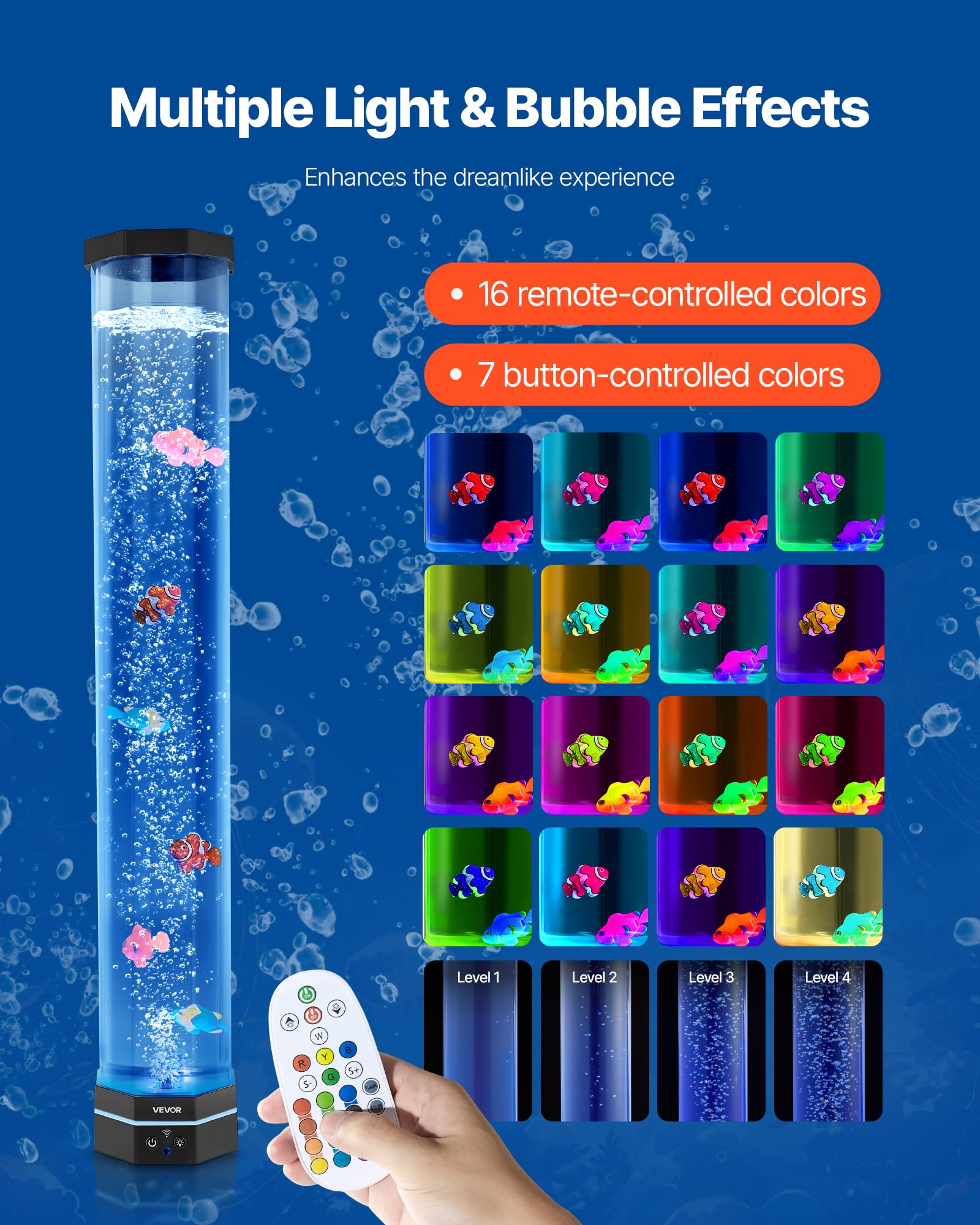 VEVOR Lavalampe mit 6 schwimmenden Fischen, 80 cm, Blasenlichtlampe, 16 Farbwechsel-Lichteffekte, Fernbedienung, Stimmungslicht, Aquarium Nachtlicht für Schlafzimmer, Wohnzimmer, Heimdekoration