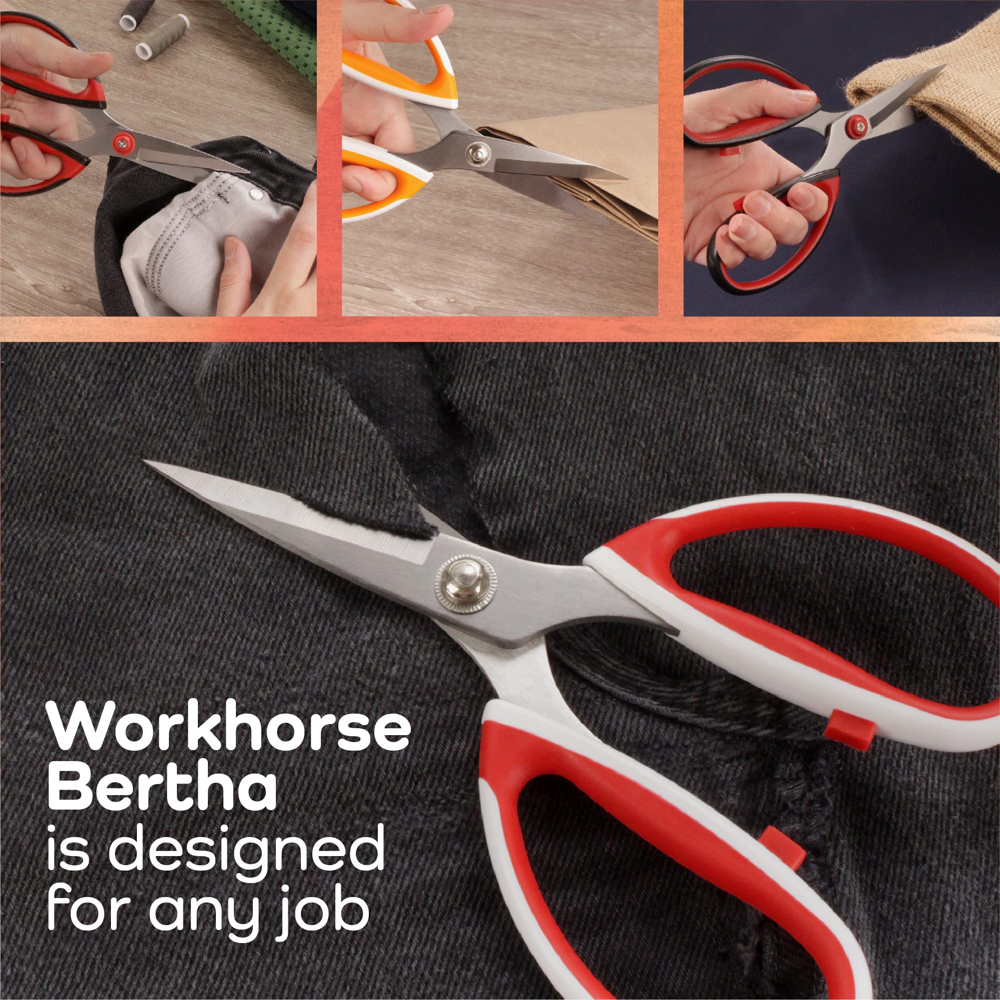 JubileeYarn Workhorse Bertha - Tijeras multiusos resistentes, 3 pares rojo y blanco, 4 pares naranja y blanco, 3 pares rojo y negro