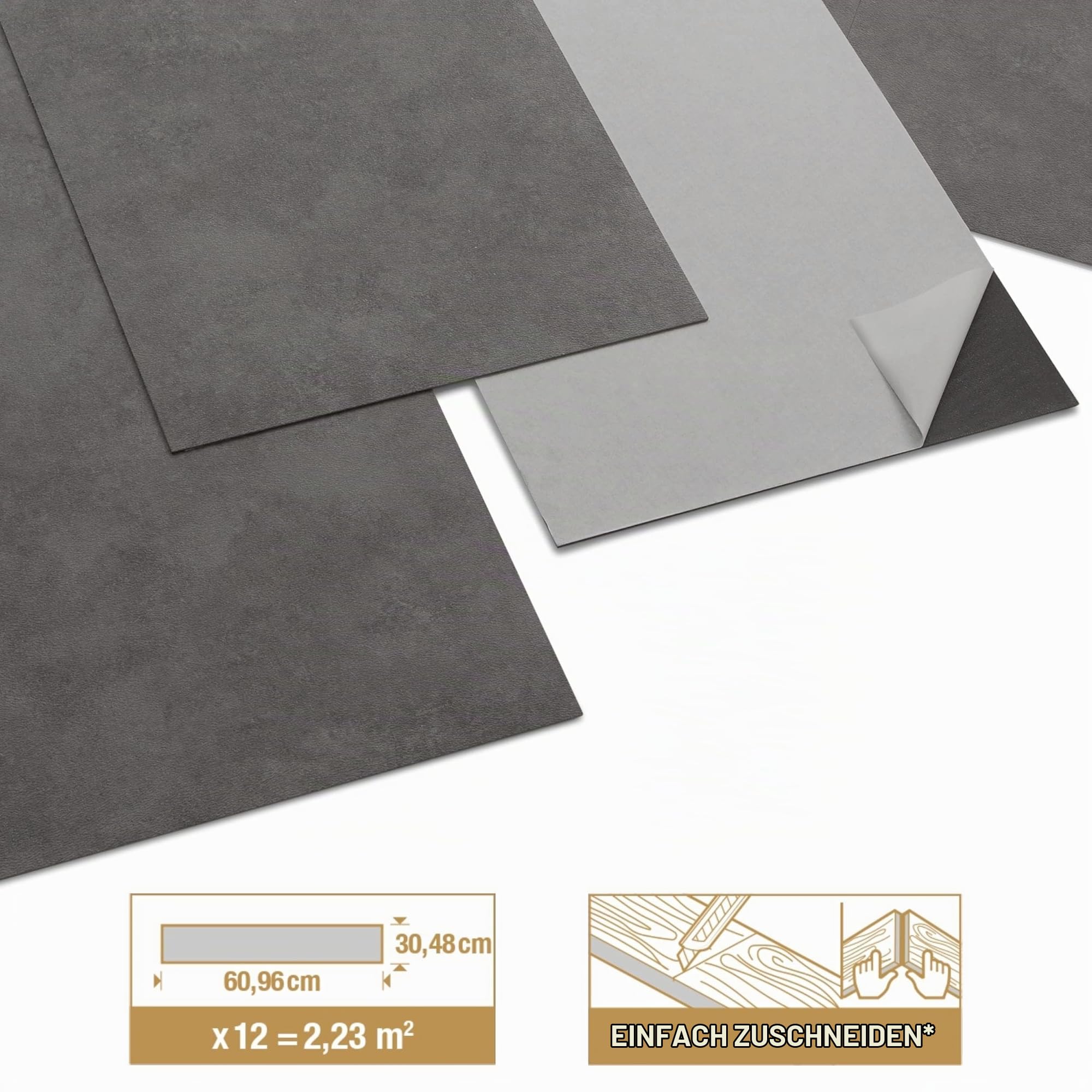 ARTENS - PVC Bodenbelag Galena - Selbstklebende Vinyl-Fliesen - Vinylboden - Betoneffekt - Dunkelgrau- Medio - 60,96 cm x 30,48 cm x 1,5 mm - Dicke 1,5 mm - 2.23m² / 12 Fliesen