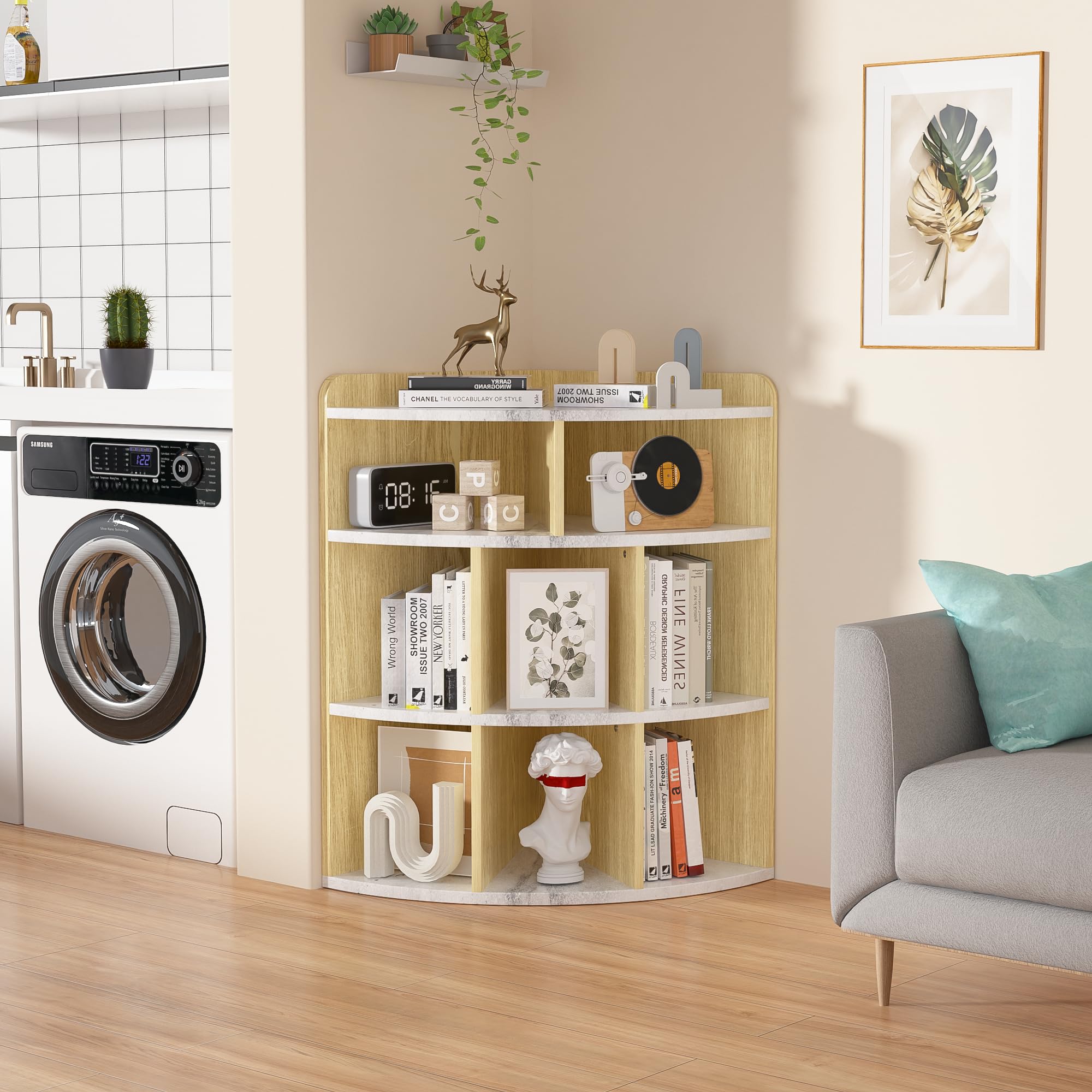 VECELO Armadio ad angolo a 3 livelli con 8 cubi, organizer in legno, moderno scaffale per sala giochi, camera da letto, soggiorno, marmo bianco