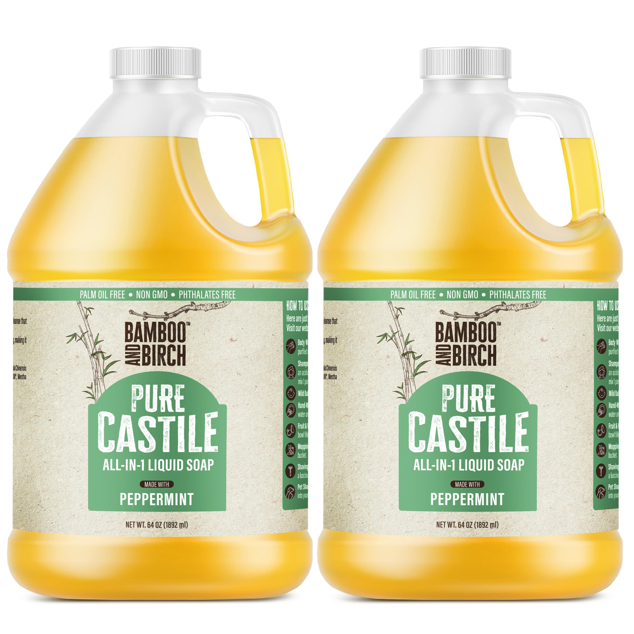 BAMBOO AND BIRCH Pure Castile Soap Liquid, Certified Palm Oil Free Natural Soap, Peppermint, 1 Gallon