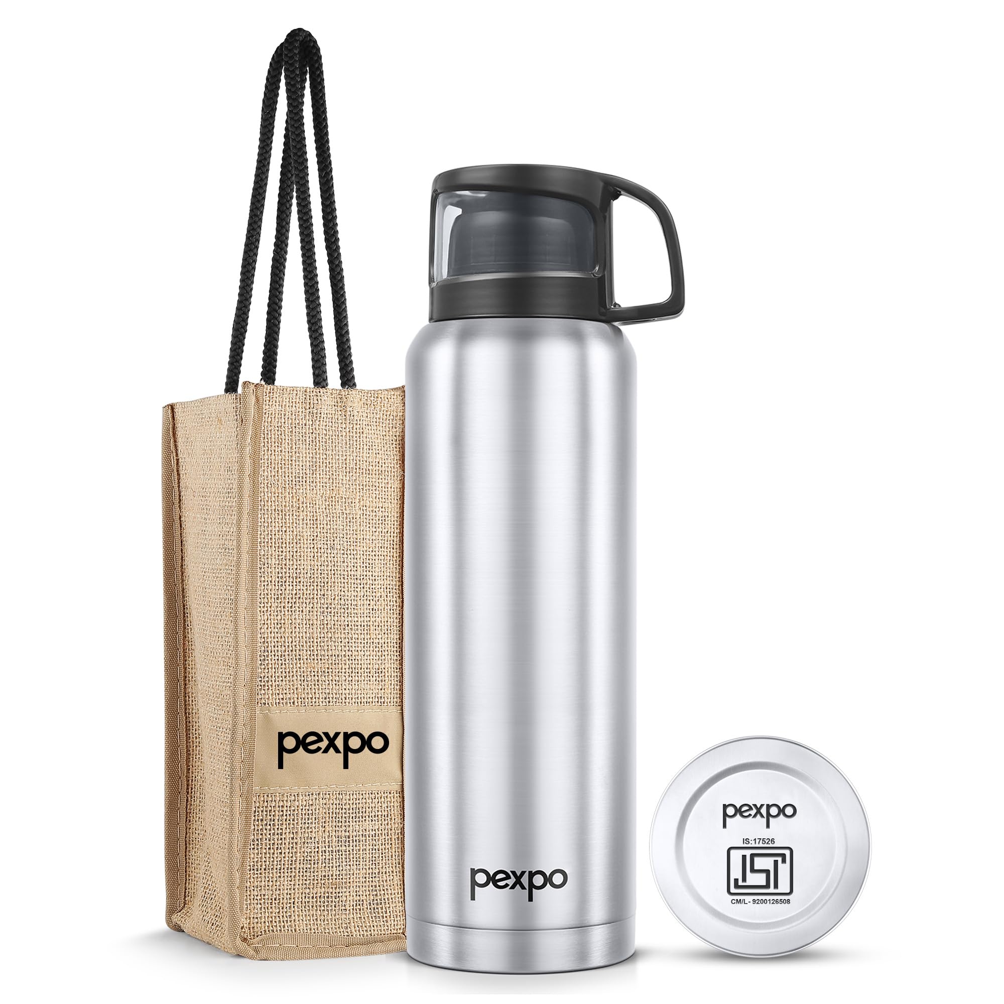Go24 pexpo Stainless Steel Water Bottle 1500ml, ISI Certified, Hot & Cold Flask with Jute Bag | 3 Layer Insulation | Leak Proof | 2 Year Warranty | for Office, Travel & Picnic | Fererro | Crimson Red
