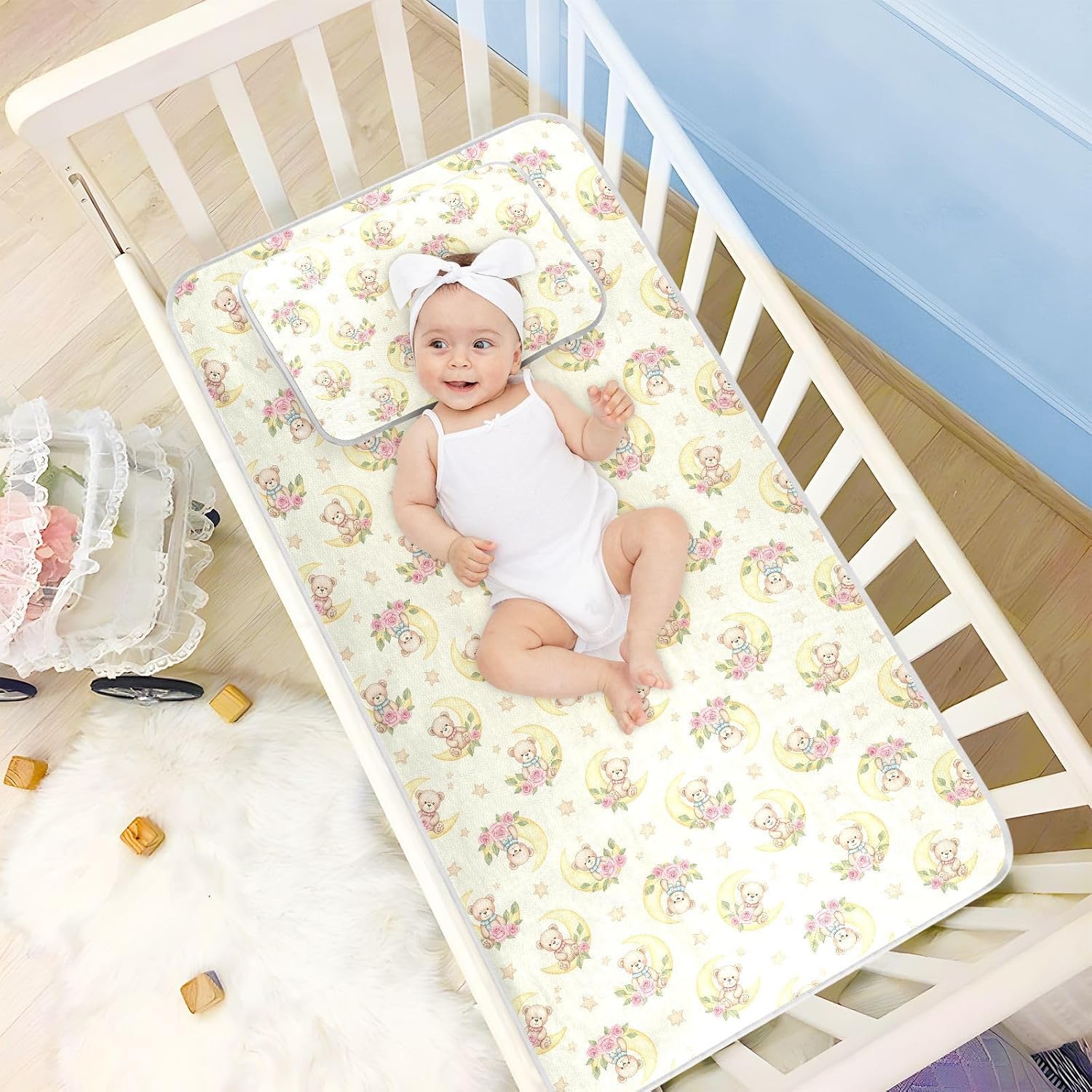 Baby Cooling Mat Cute Teddy Bear Ice Silk Breathable Mesh Summer Crib Mattress Pad with Pillowcase, Soft Cooling Sleeping Surface for Infant & Toddler, 52"x28"