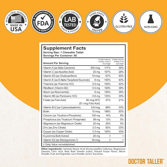 NuBest Doctor Taller Kids - Kids Multivitamins, Toddler Vitamins - Support Healthy, Immunity and Bone Strength for Ages 2 to 9 - Grape Flavor - 60 Vegan Chewable Tablets | 1 Month Supply