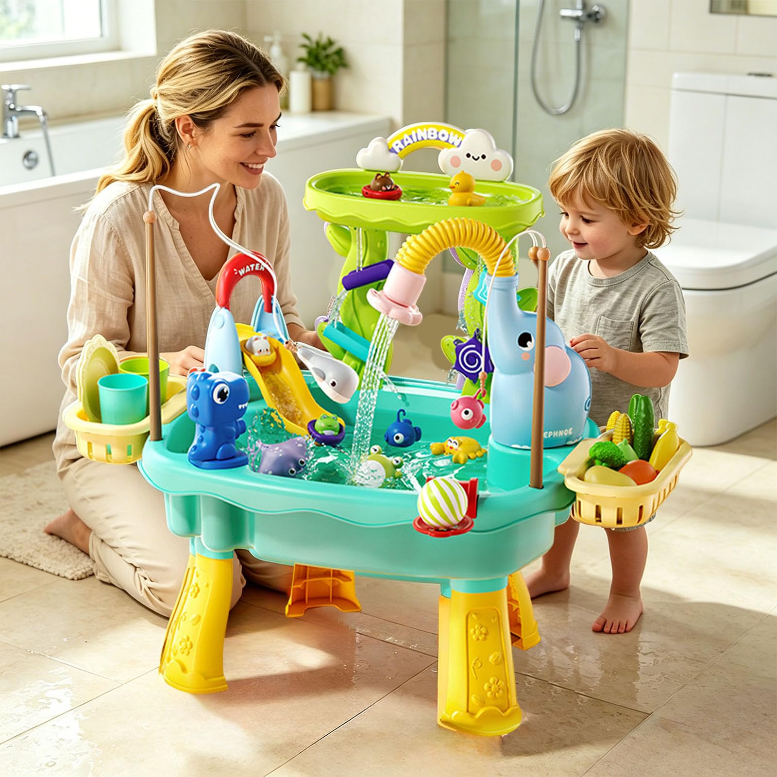 Generisch Wassertisch für Kinder Sand Wassertisch Spielzeug Großer Wassertisch Wasserspielzeug Rutsche und Angelspielen Outdoor Strandspieltisch Sinnesspielzeug für Jungen Mädchen