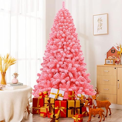 BestComfort Árbol de Navidad rosa de 75 pies árbol de Navidad flocado con 1364 puntas de ramas de PVC soporte de metal sólido ramas flexibles con