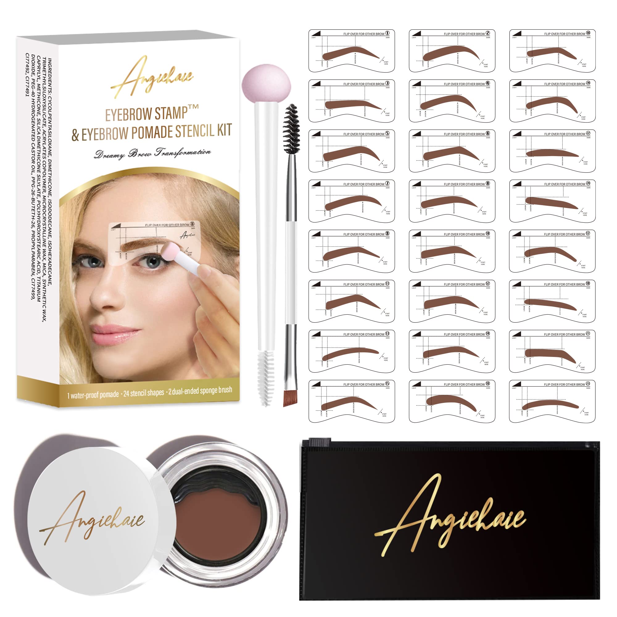 AngiehaieEyebrow Stamp Stencil Kit, Brow Stamp, 24 Pieces Eyebrow Stencils Thick and Thin with 2 Dual Ended Brush and Sponge Applicators, Perfect Natural Brow, Waterproof (Light Brown)