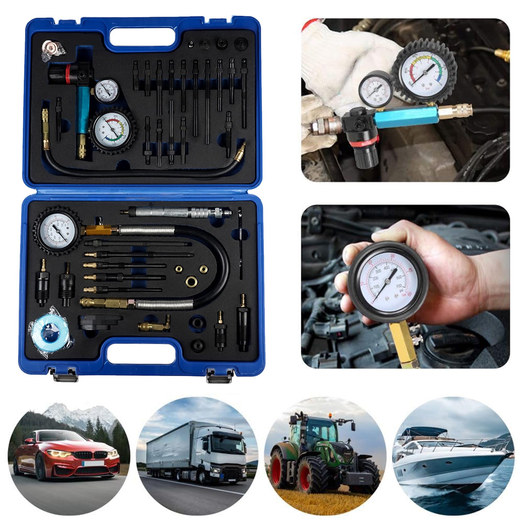 46 piezas Comprobador de Compresión, Profesional Comprobador de Pérdida de Presión, Comprobador de Motor, Compatible con Motores Diésel y Gasolina