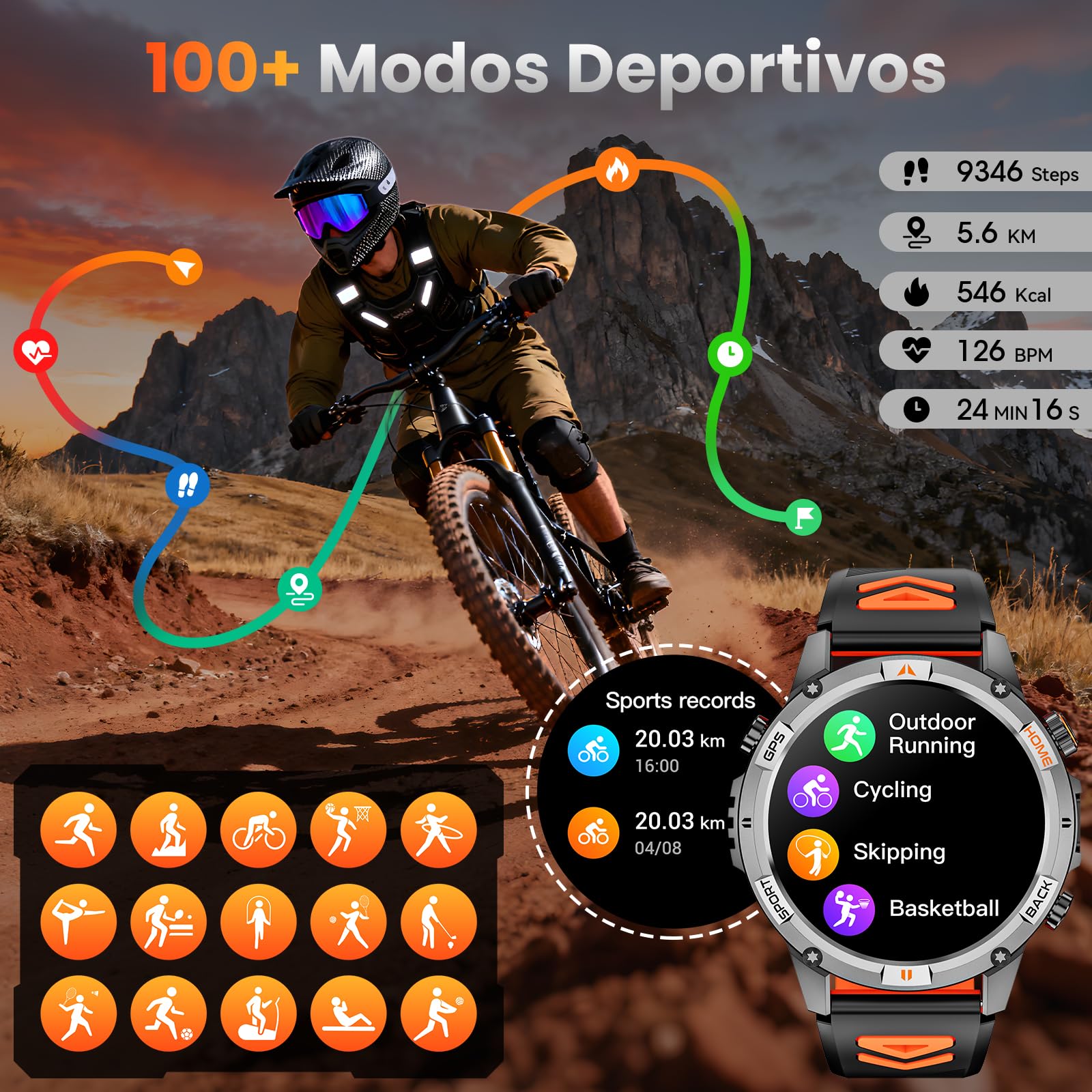 Reloj Inteligente Hombre Militar, 1,46" HD Smartwatch GPS con Linterna Led, Brújula, 100+ Modos Deportivos Smart Watch, Monitoreo de Salud 24/7, Llamadas Bluetooth