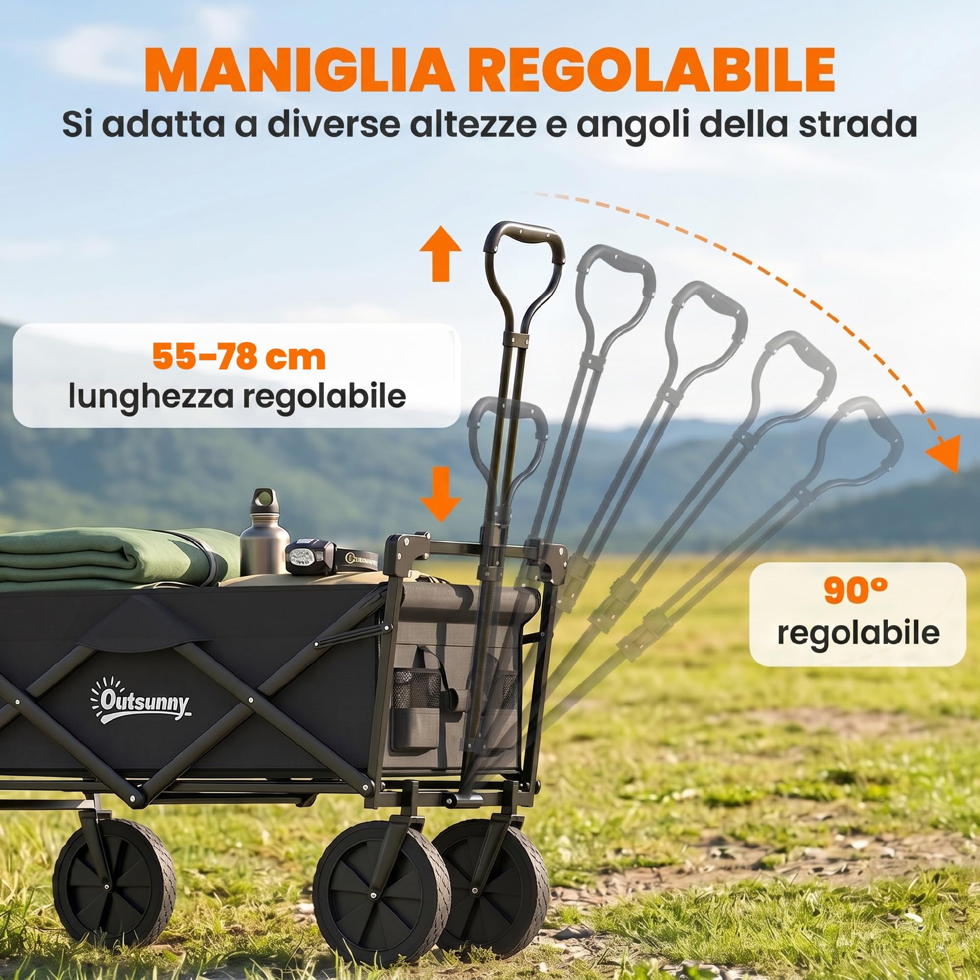 Outsunny Carrello da Giardino 110L con Maniglia Telescopica e Tettuccio, Carrello da Giardinaggio in Acciaio e Tessuto Oxford, Nero