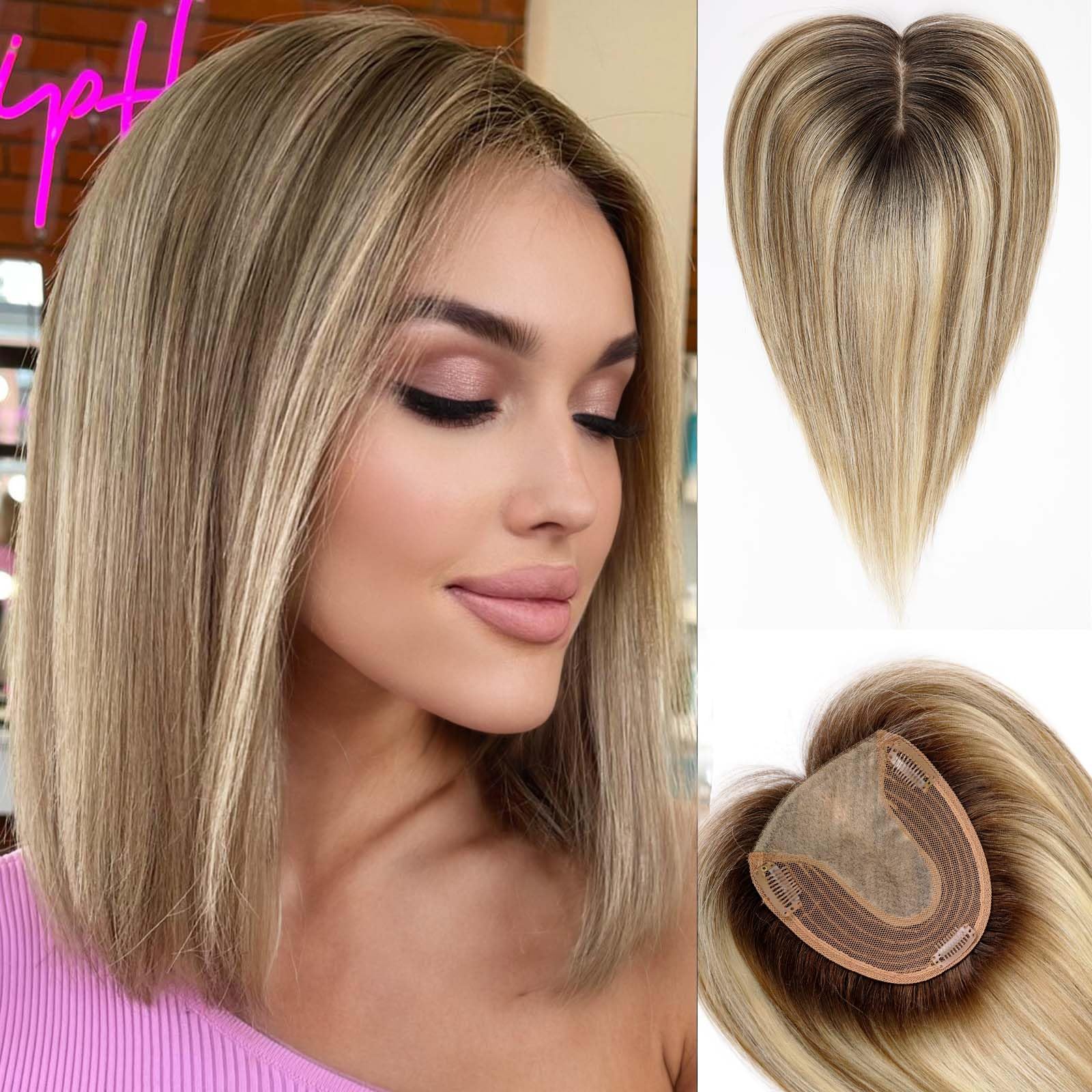 HAIRCUBE Hair Toppers for Women Real Human Hair No Bangs 5 * 5.5 inch Base 14 inch ombre Brown with Blonde Highlight Human HairTopper for Women with