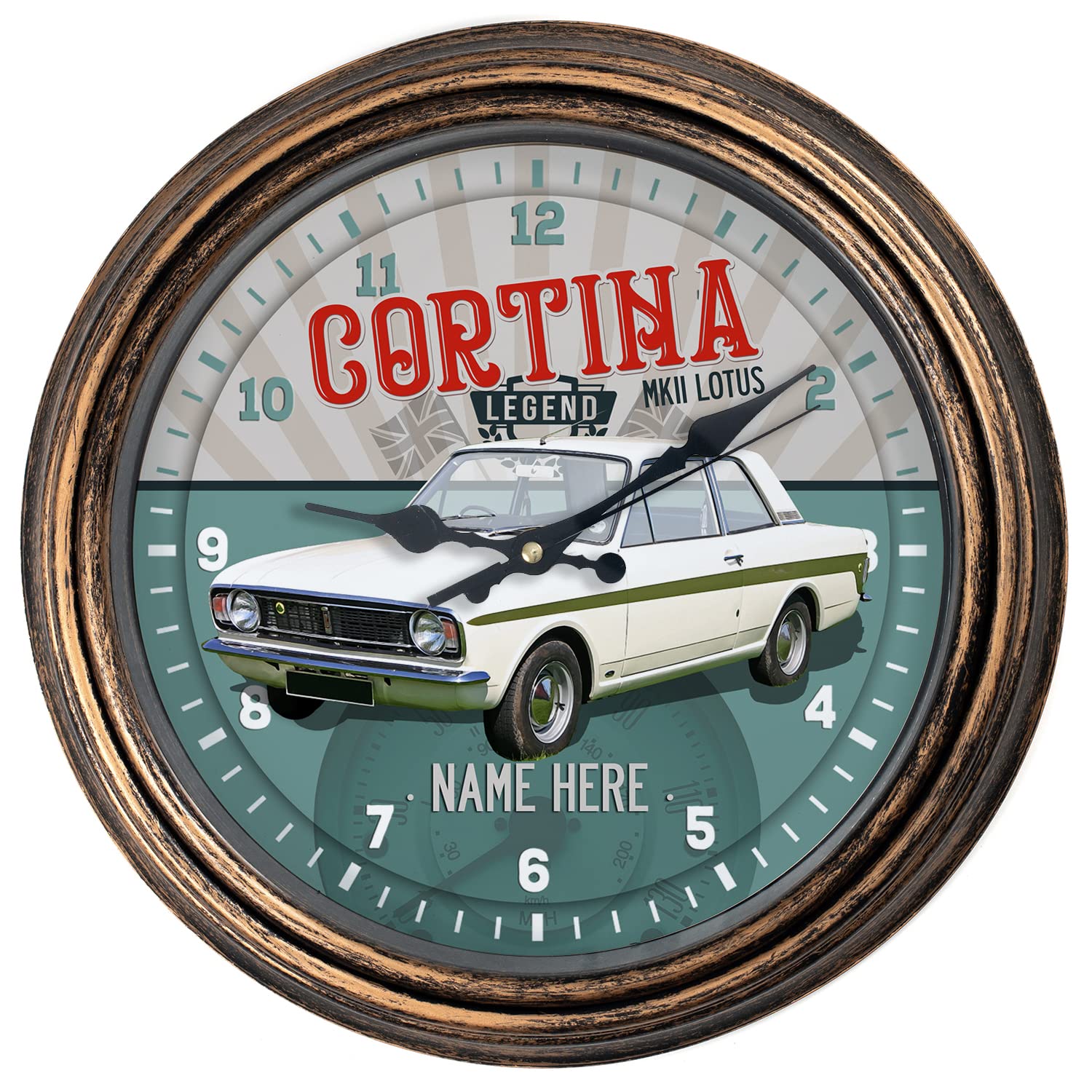 KRAFTYGIFTS Personalised Car Wall Clock Cortina MKII Lotus Classic Round Hanging Glass Front Garage Clock Birthday Gift VCC10