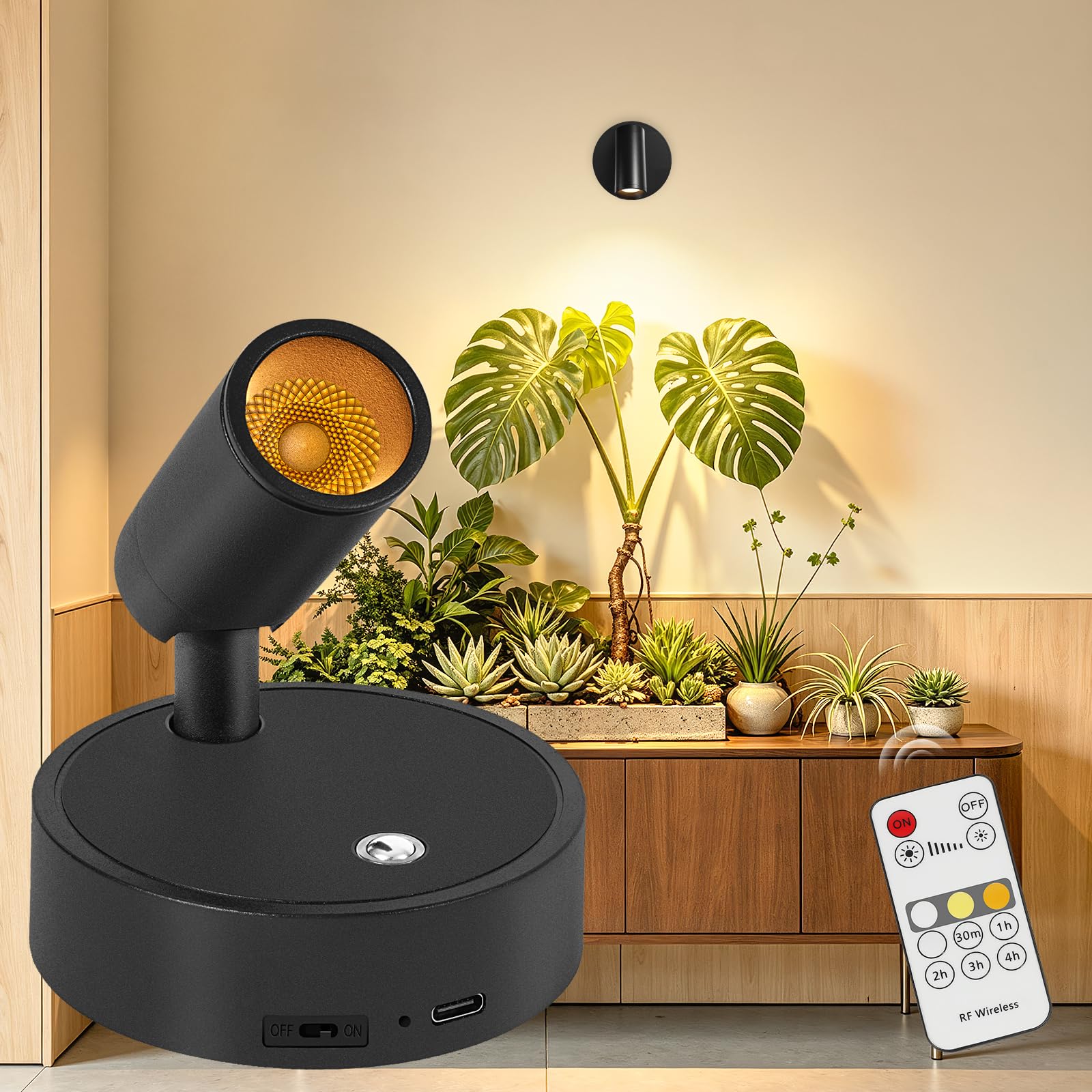 Dehobo Black 1 Pack Rechargeable Wall Lights 350° Rotatable With Remote - Magnetic Wireless Battery Led Spot Lights 4000Mah With Timer - Spotlight 3 Color Dimmable For Plant Artwork Picture, 1 Pack