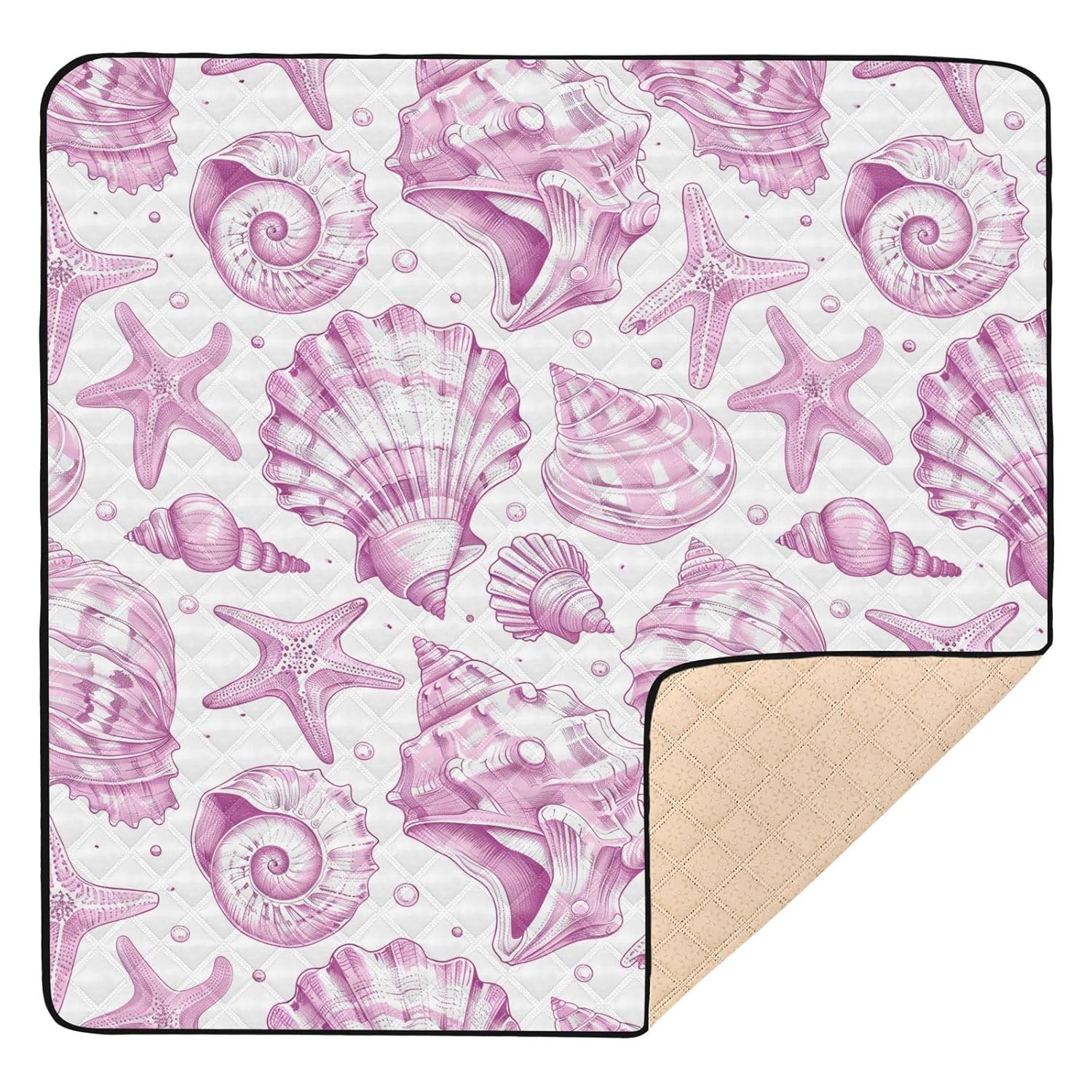 Baby Play Mat Pink Seashells White 50 x 50 Playpen Mats for Floor Play Gym Crawling Mat Non-Slip Cushioned Baby Playmat for Infants, Babies, Toddlers