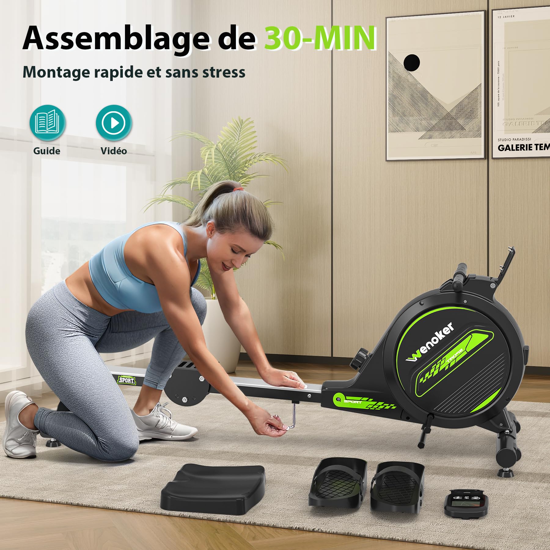 WENOKER Rameur Musculation D'appartement, Rameur Magnétique Silencieux, Glissières Doubles améliorées, Ultra Silencieux, LCD-Datenanzeige, Capacité Maximale 160KG