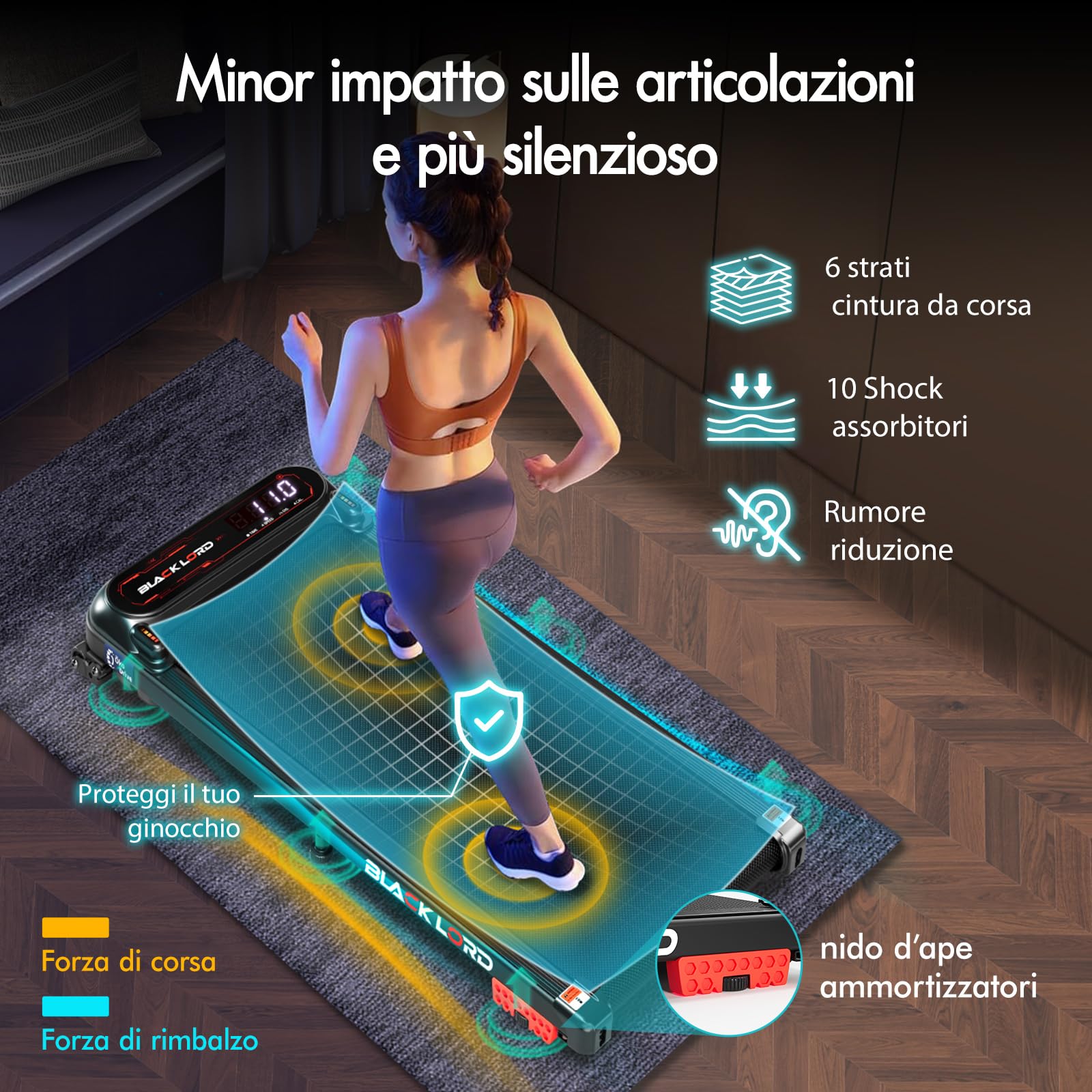 BLACK LORD Tapis roulant X7, Walking Pad sottoscrivania, Motore silenzioso 3.0CV, Portata 130kg, Tracciamento Bluetooth, 3 livelli inclinazione, Nastro antiscivolo (Senza maniglione, Nero)