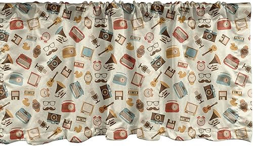 Ambesonne Cenefa de ventana vintage, patrón retro antiguo reloj despertador máquina de escribir, granófono, radio, cenefa de cortina para decoración