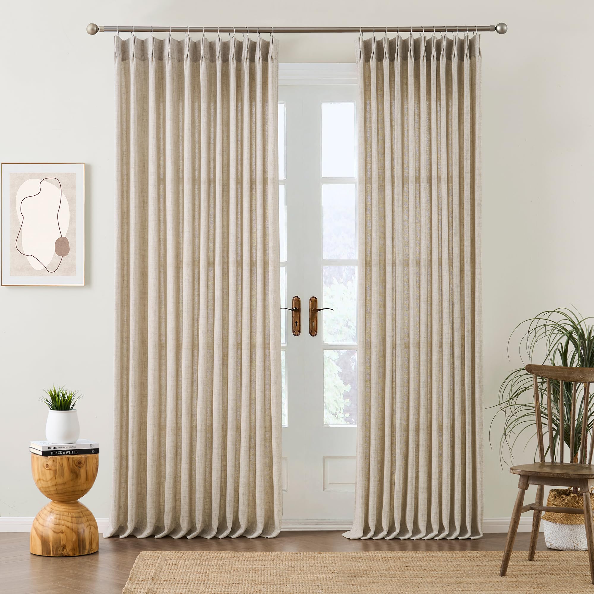 Beige Sheer Pinch Pleated Curtains 90 Inches Long 2 Panels,Back Tab Pleated Drapes Hooks Thick Linen Textured Boho Farmhouse Curtain for Dining Bedroom 70 Inch Wide Each Panel