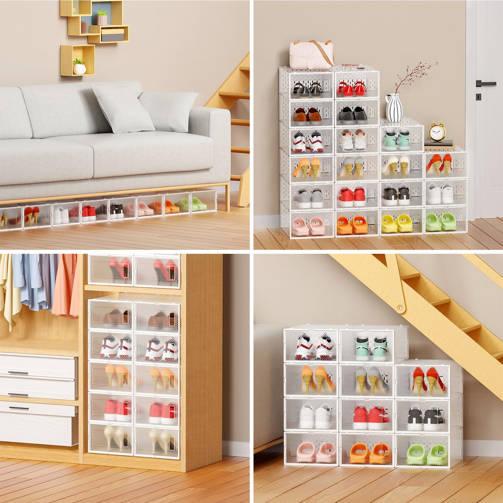 Paquete de 12 cajas de almacenamiento apilables de plástico transparente para zapatos, ahorro de espacio y plegables con puerta transparente para ventilación y almacenamiento a prueba de polvo, color