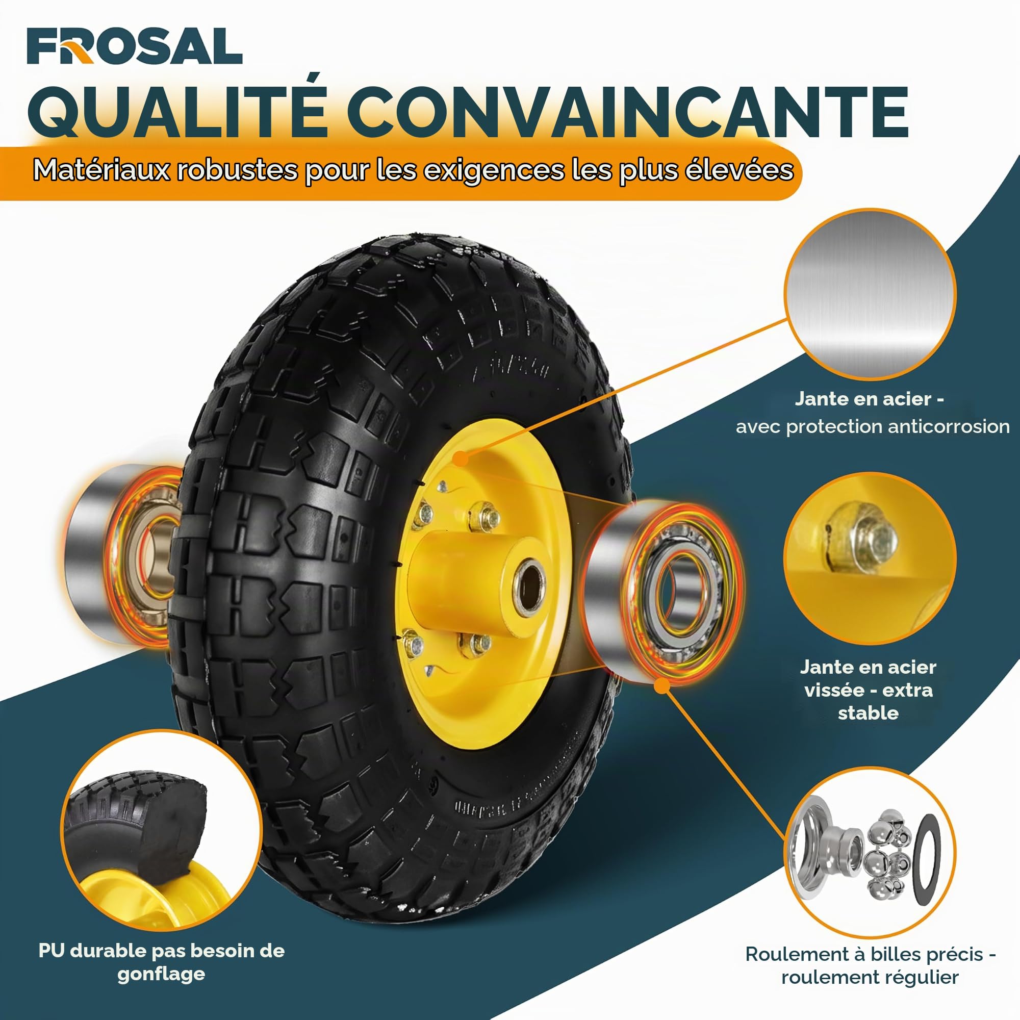 Frosal Lot de 4 chariots en polyuréthane Ø 260 mm 4.10/3.50-4 | Roue de rechange pour diable | Axe 16 mm | Anti-crevaison avec roulement à billes | Jante en acier jaune | Roue de brouette