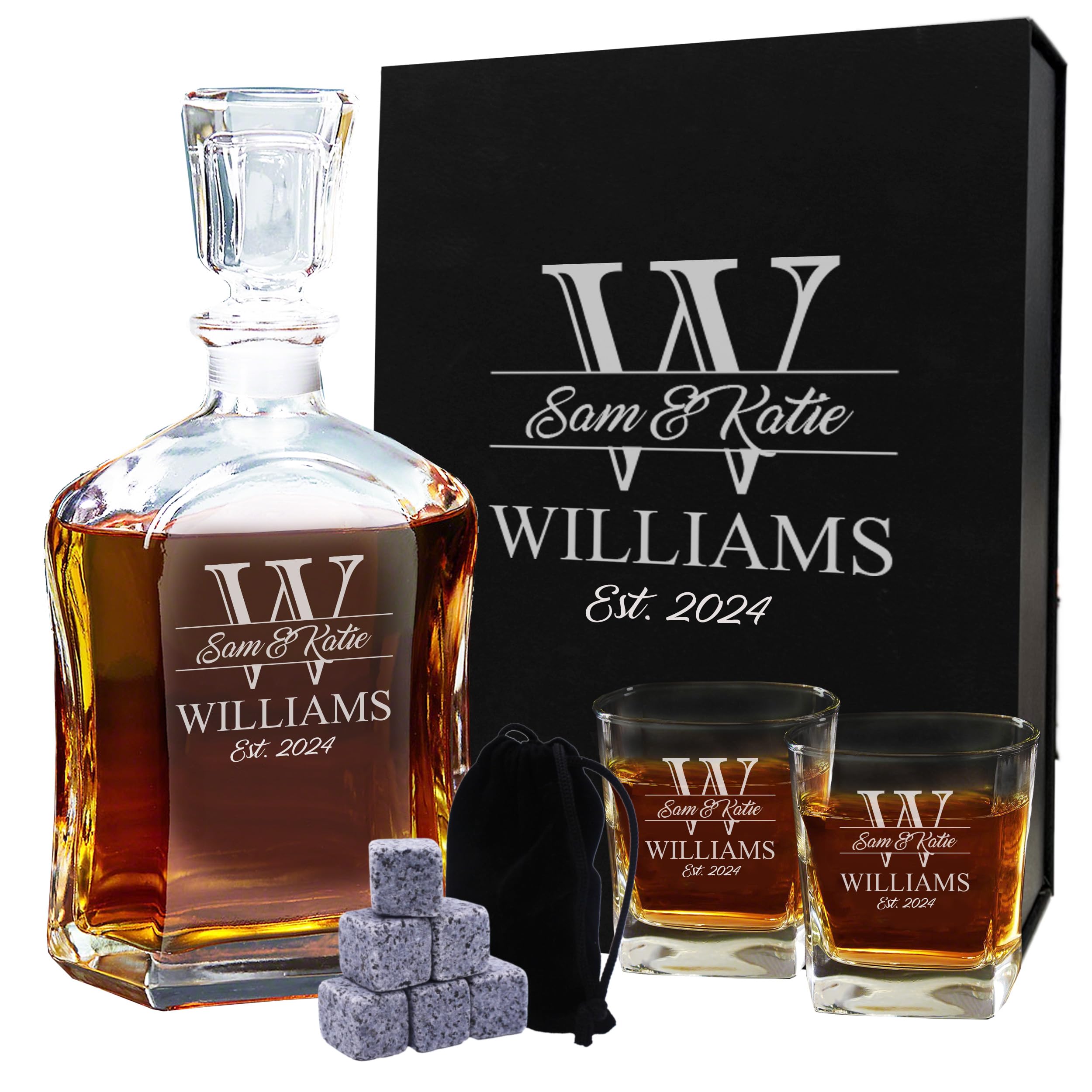 My Personal Memories Custom Engraved Couples Wedding Glass Decanter Gift Set - Personalized for Housewarming, Anniversary - Majestic Style (Decanter and 2 Glasses)