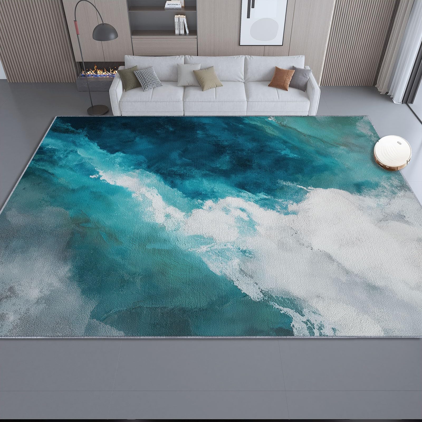 Tappeto per soggiorno 120 x 170 cm Tappeti lavabile in lavatrice morbido a pelo corto per camera da letto Moderno Effetto consumato Ombreggiatura tappeto resistente alle macchie Lago Blu Bianco