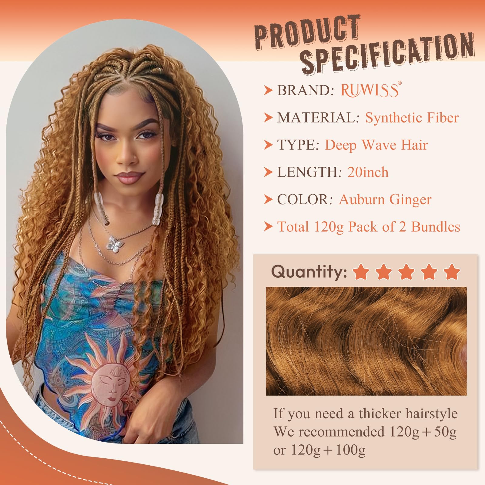 RUWISS 20 Inch Deep Wave Braiding Crochet Hair Extensions for Boho Braids Synthetic Curly Hair Extension for Black Women 2 Bundles/Pack (120g - Image 2