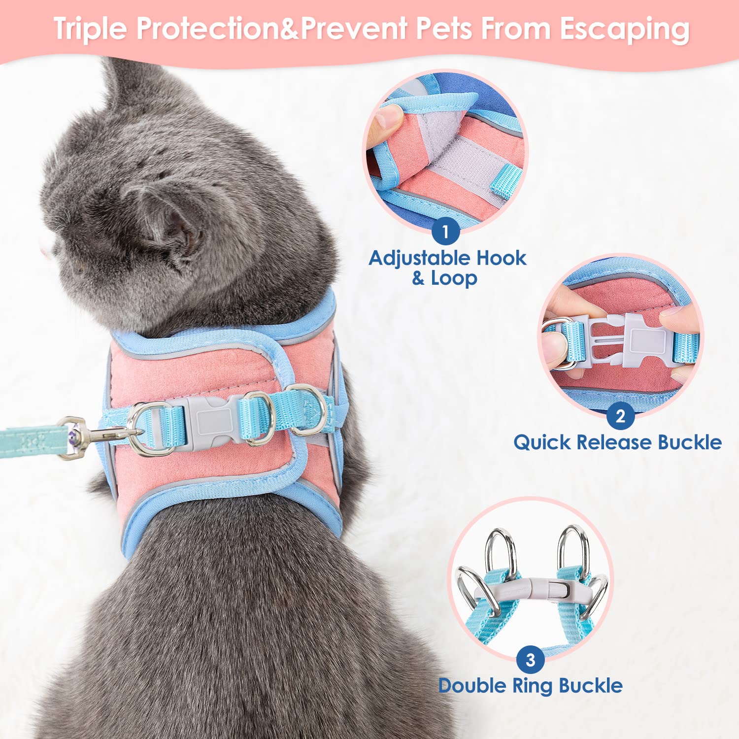 Eyein Cat Harness and Lead Set for Walking Adjustable Soft Sturdy Faux Suede Escape Proof Kitten Vest Harness and leash with Reflective Strip for Large Medium Small Cats(L) - Image 3